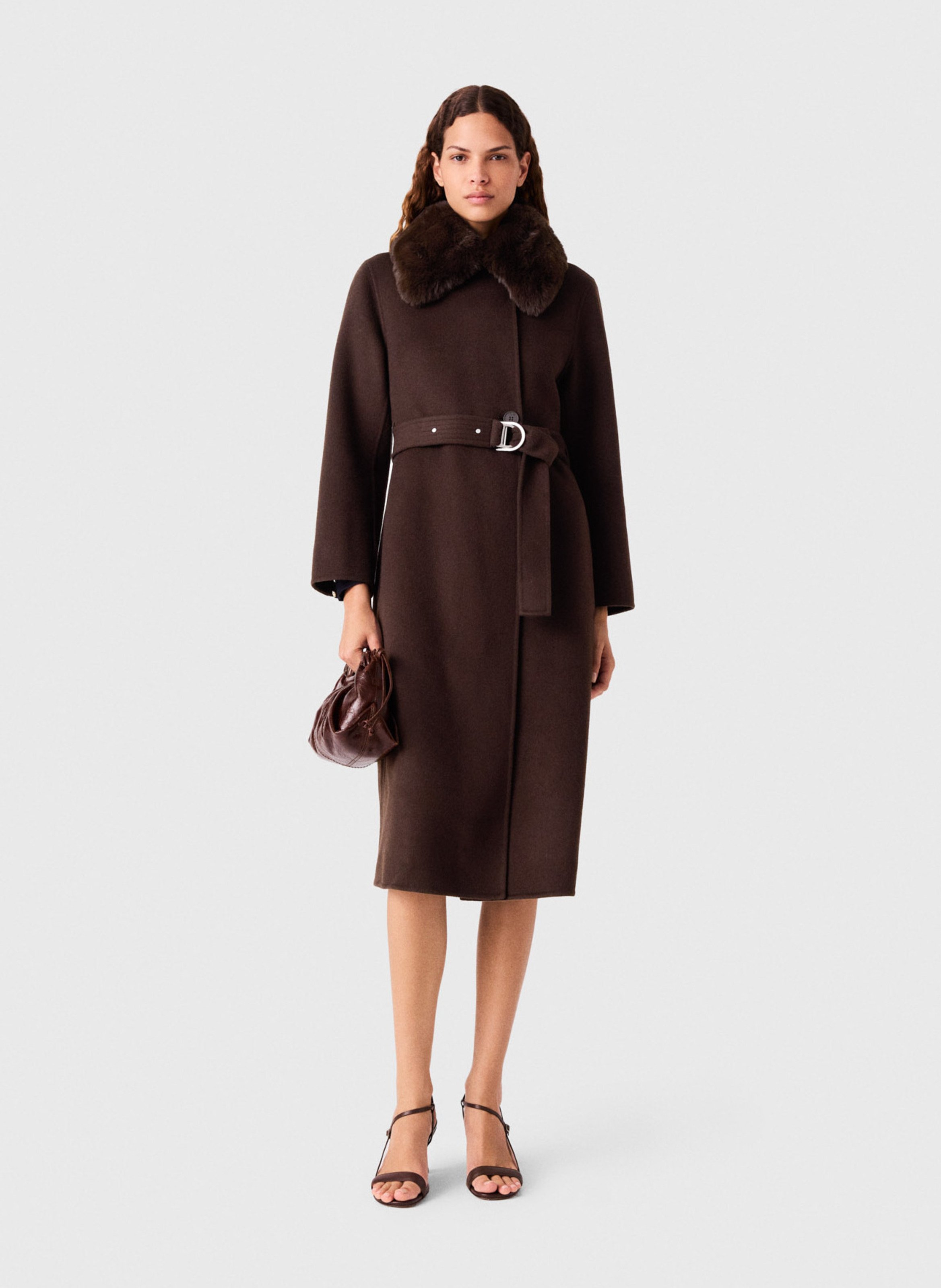 Manteau cintrée col classique à fourrure synthétique en laine mélangée  MAJE Marron