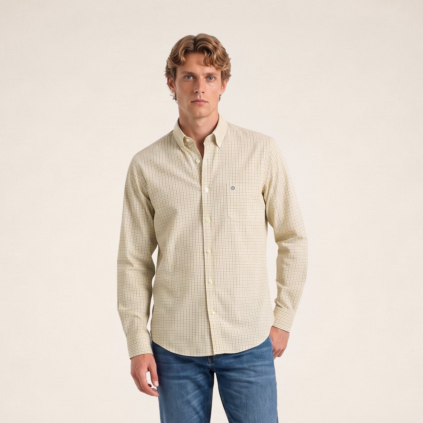 Long-sleeved shirt in mustard yellow cotton with small checks SERGE BLANCO Yellow