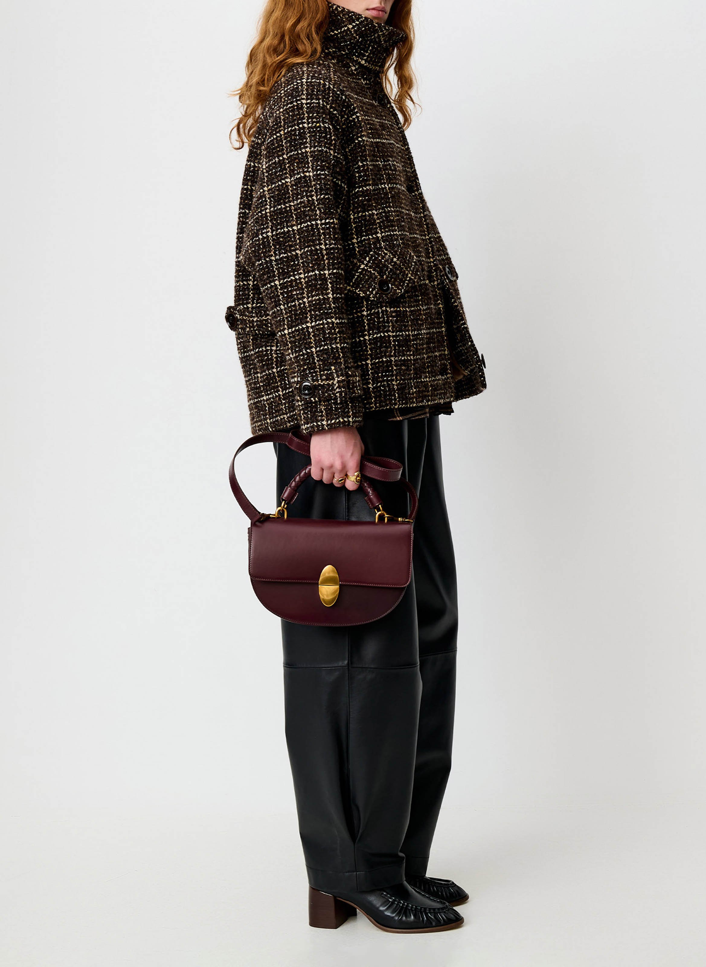 Oversized coat with a bomber jacket style in tartan weave SESSUN Brown