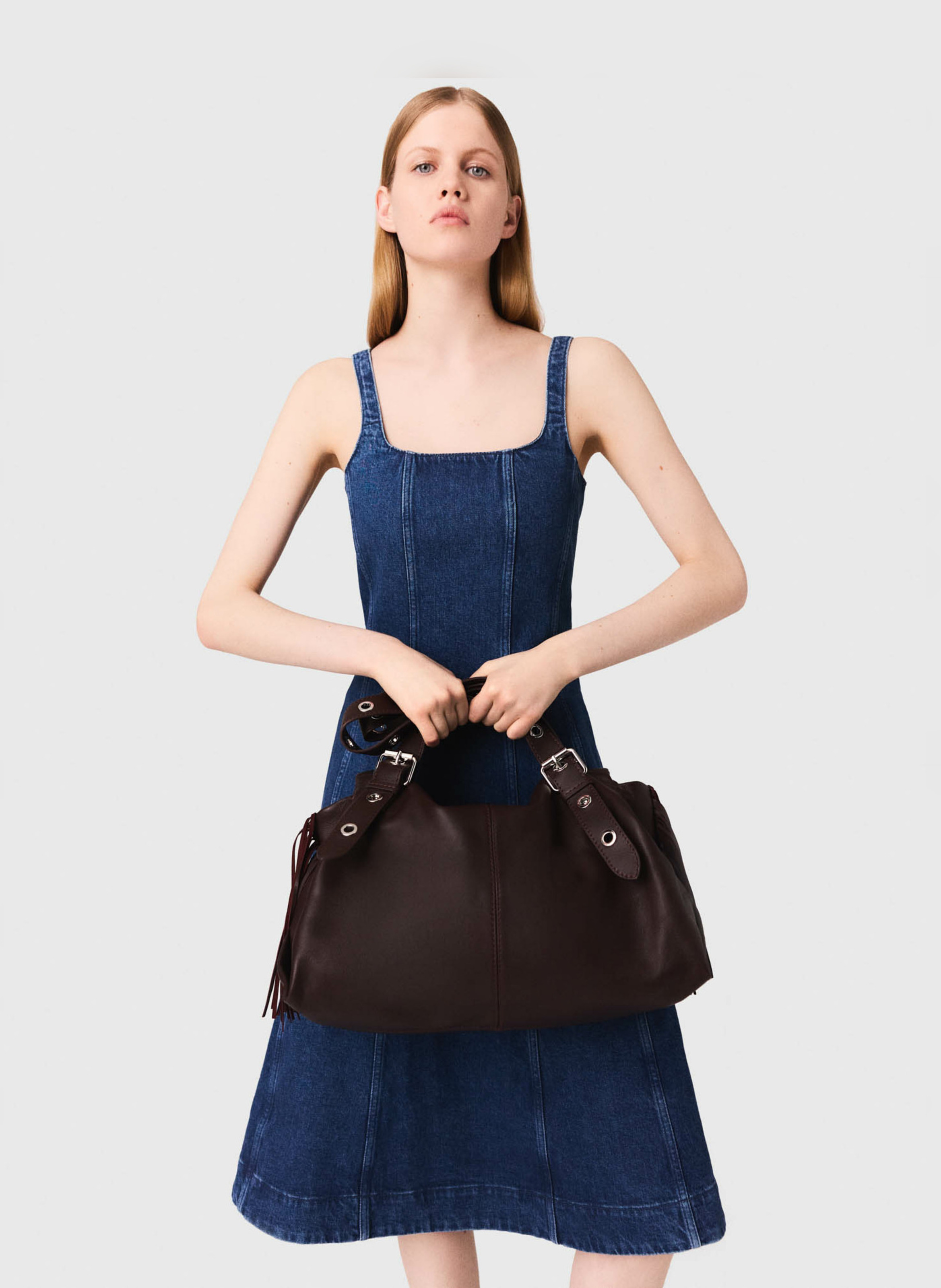 Midi square-neck cotton blend denim dress MAJE Blue