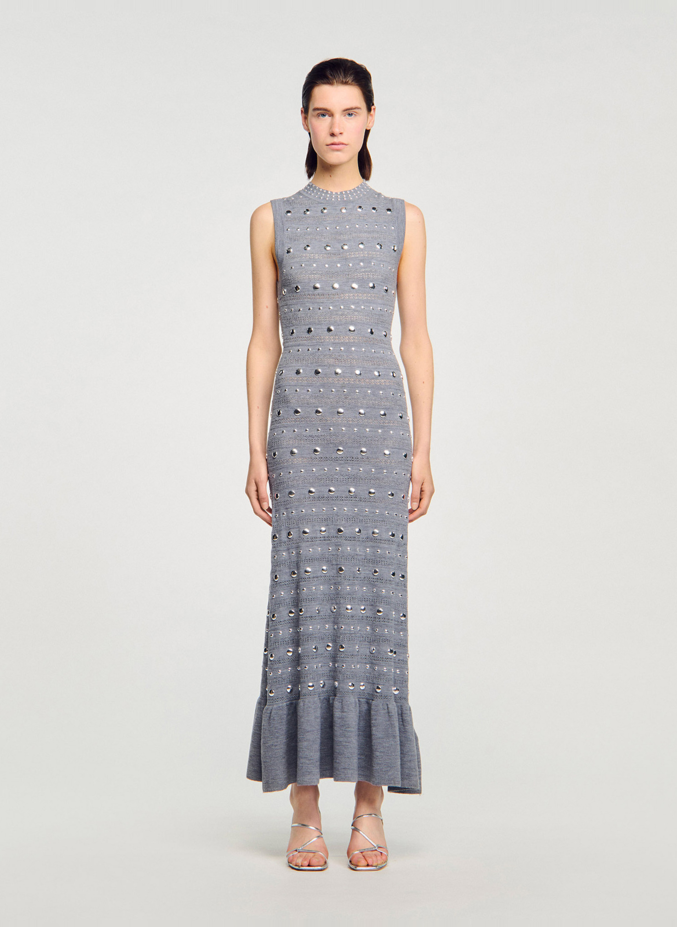 Lange aansluitende jurk met ronde hals in gemengde wol SANDRO Grijs