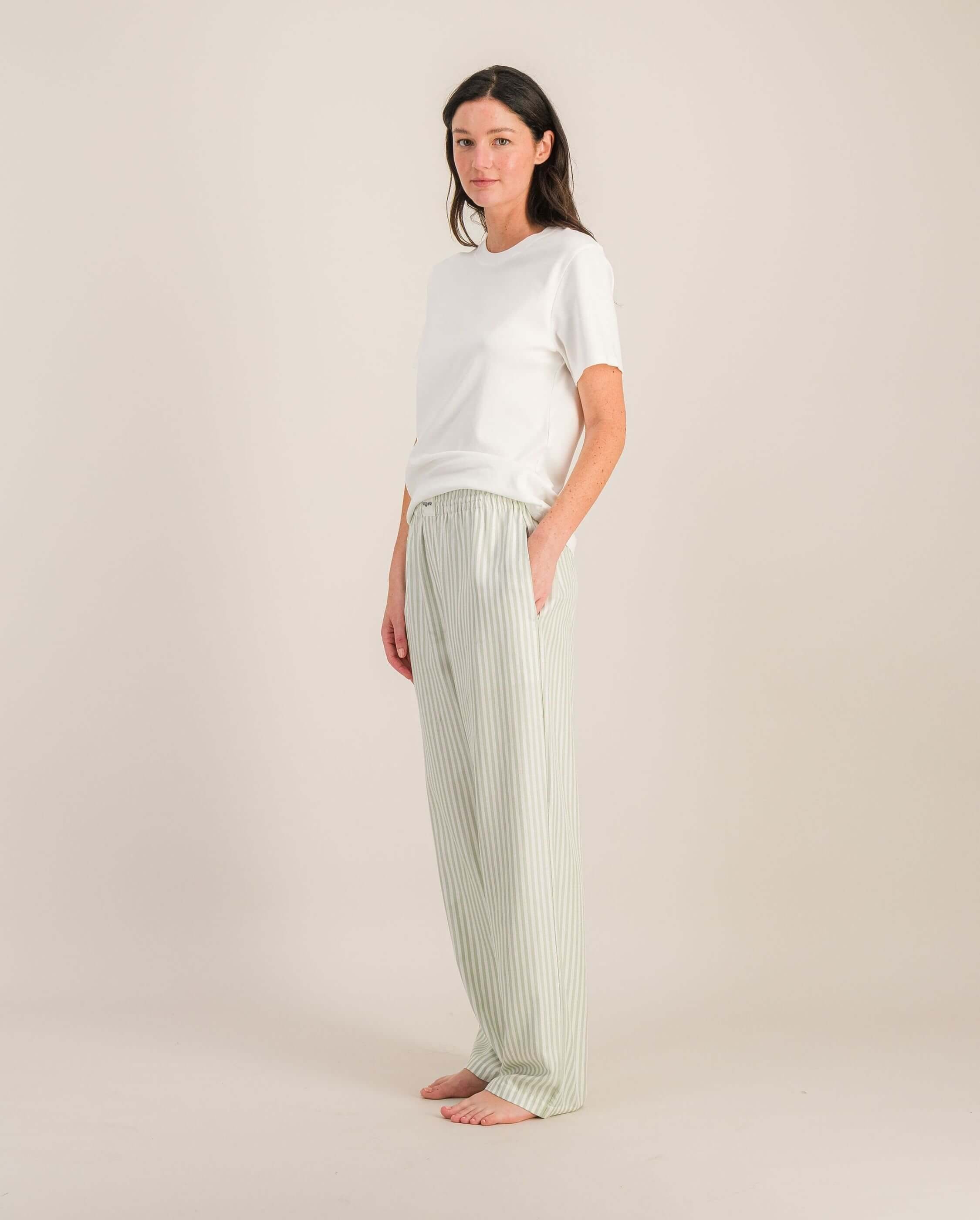 Women's Tencel pants, sage stripes ANGARDE Green