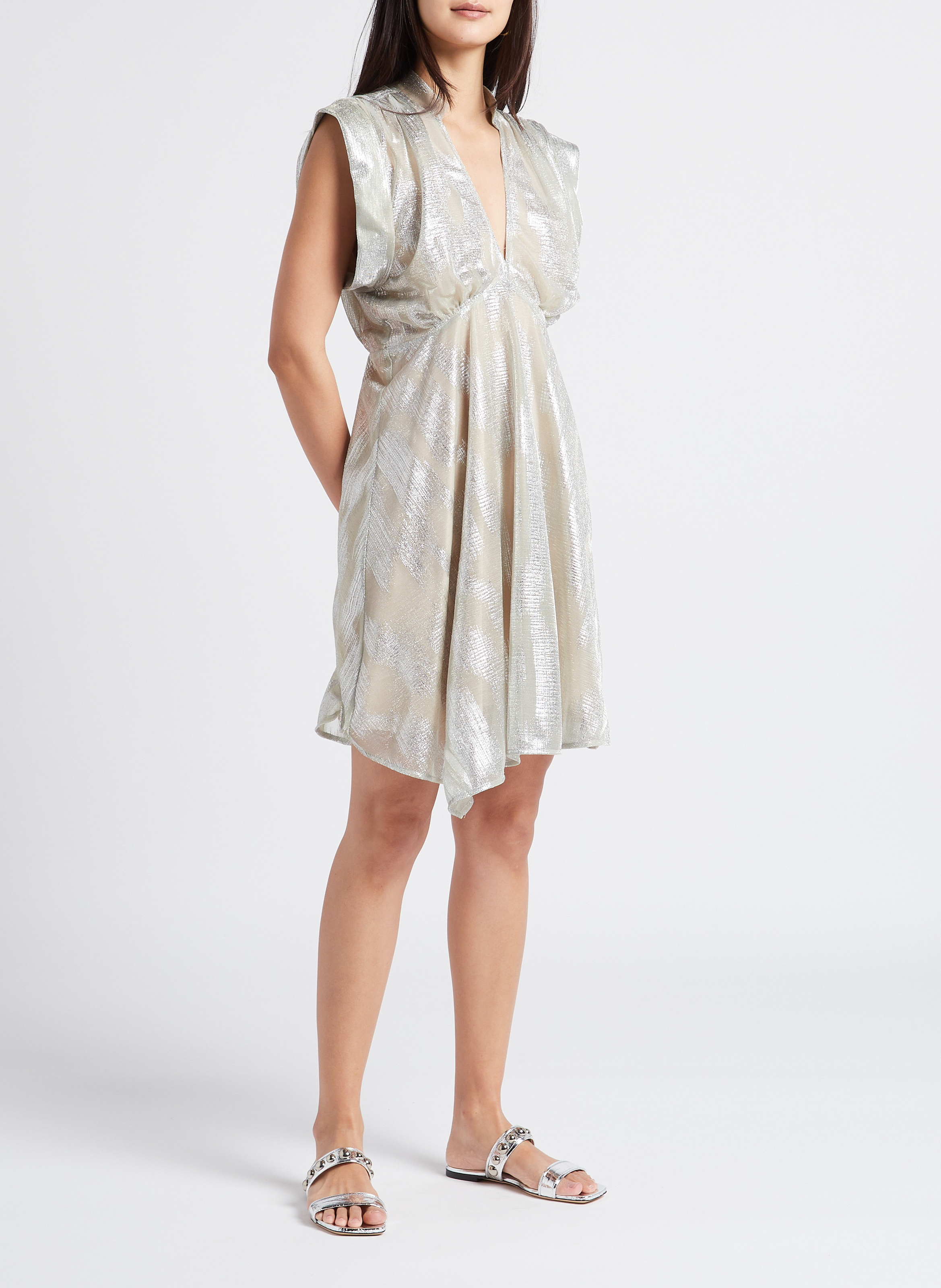 Robe courte col V jacquard métallisé  IRO Argent
