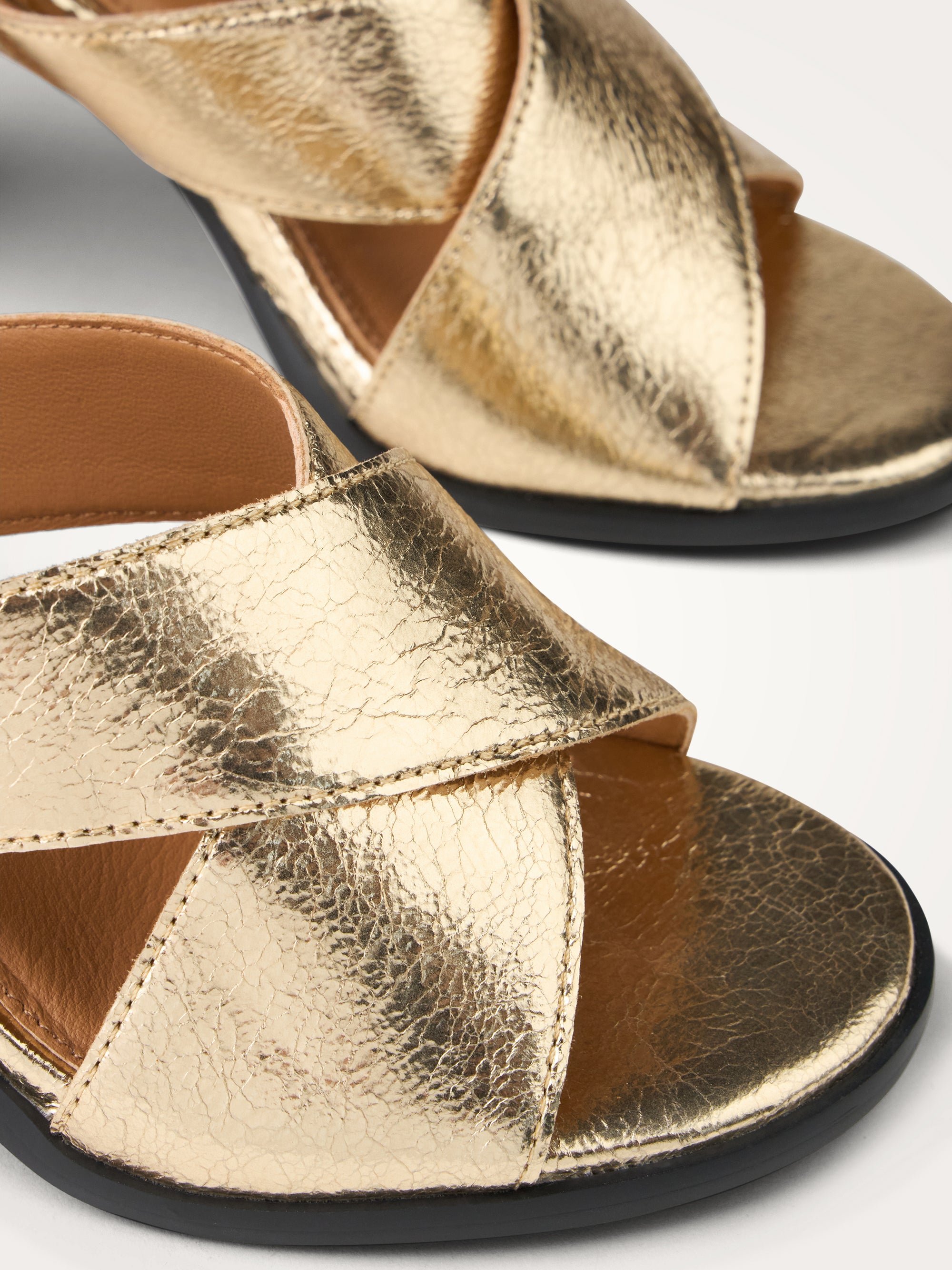 Half-moon heel sandals with multiple crossed straps in metallic effect leather VANESSA WU Golden