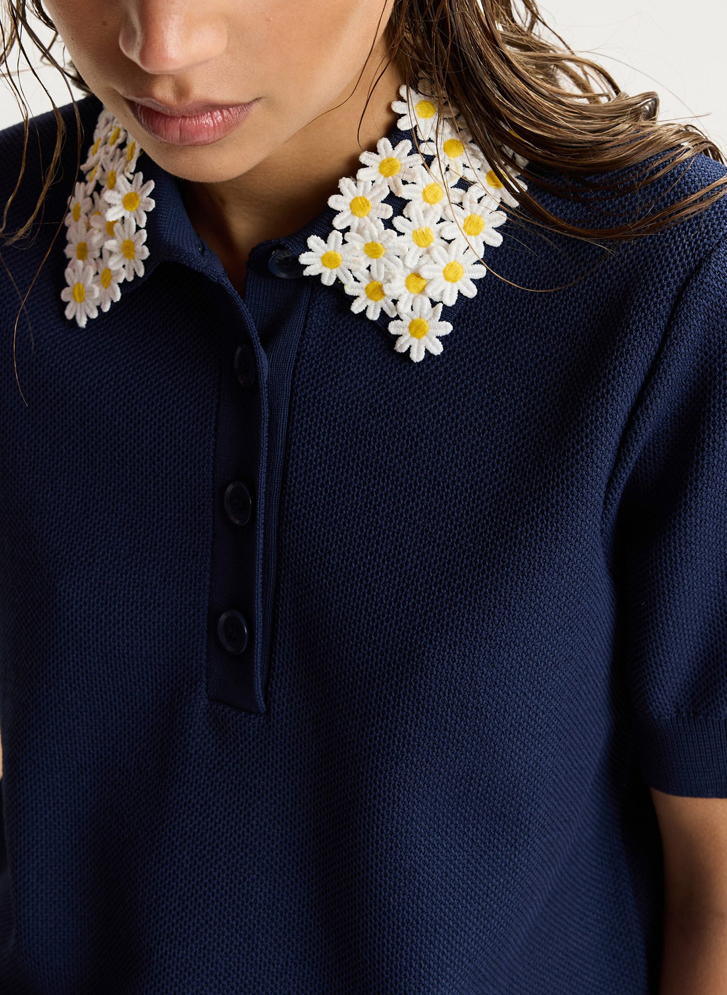 Short-sleeved plain polo shirt with flowers ESSENTIEL ANTWERP Blue