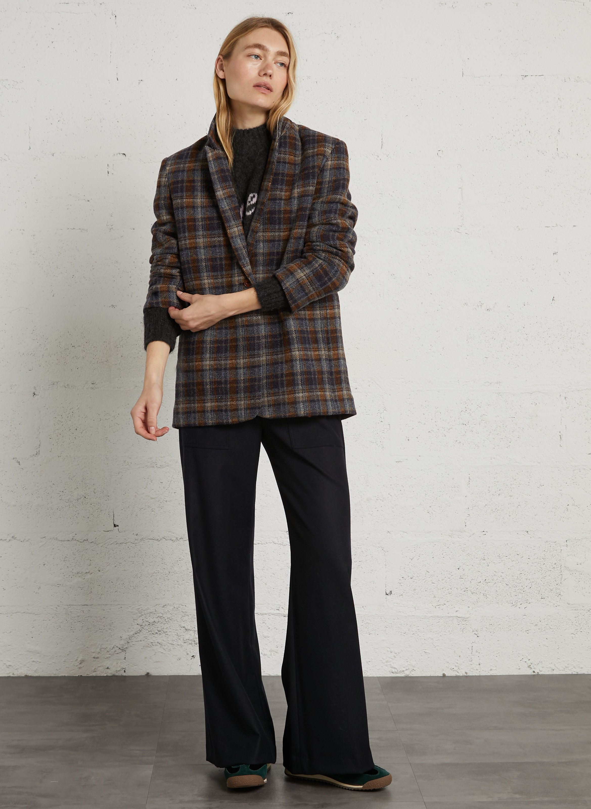 Veste ample col tailleur à carreaux en laine vierge BELLA JONES Bleu
