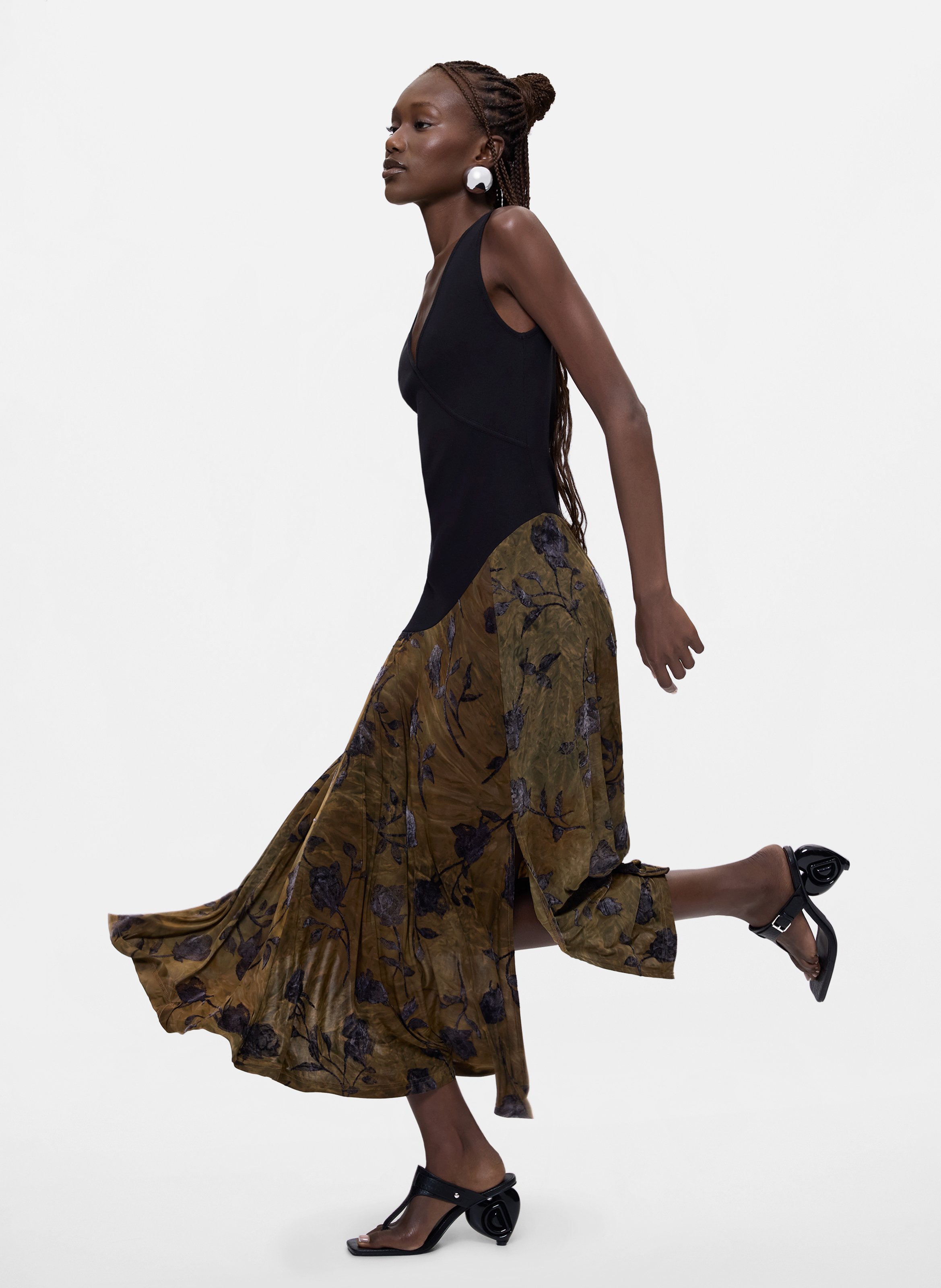 Robe longue col V à bas imprimé DESIGUAL Noir