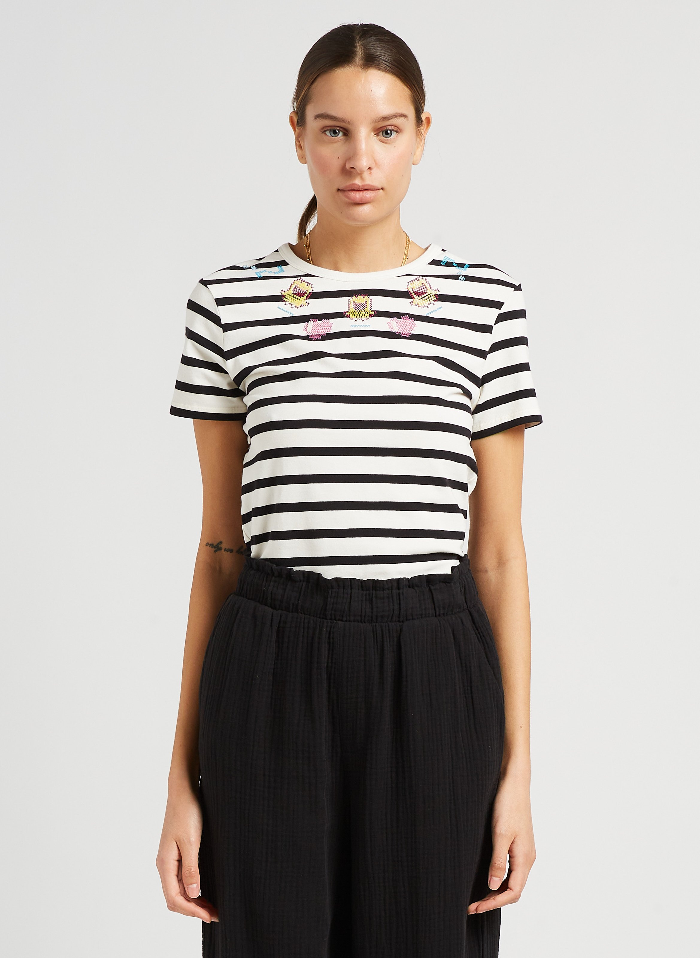 Tee-shirt col rond à rayures brodé en coton mélangé  MAX&amp;Co. Rayé