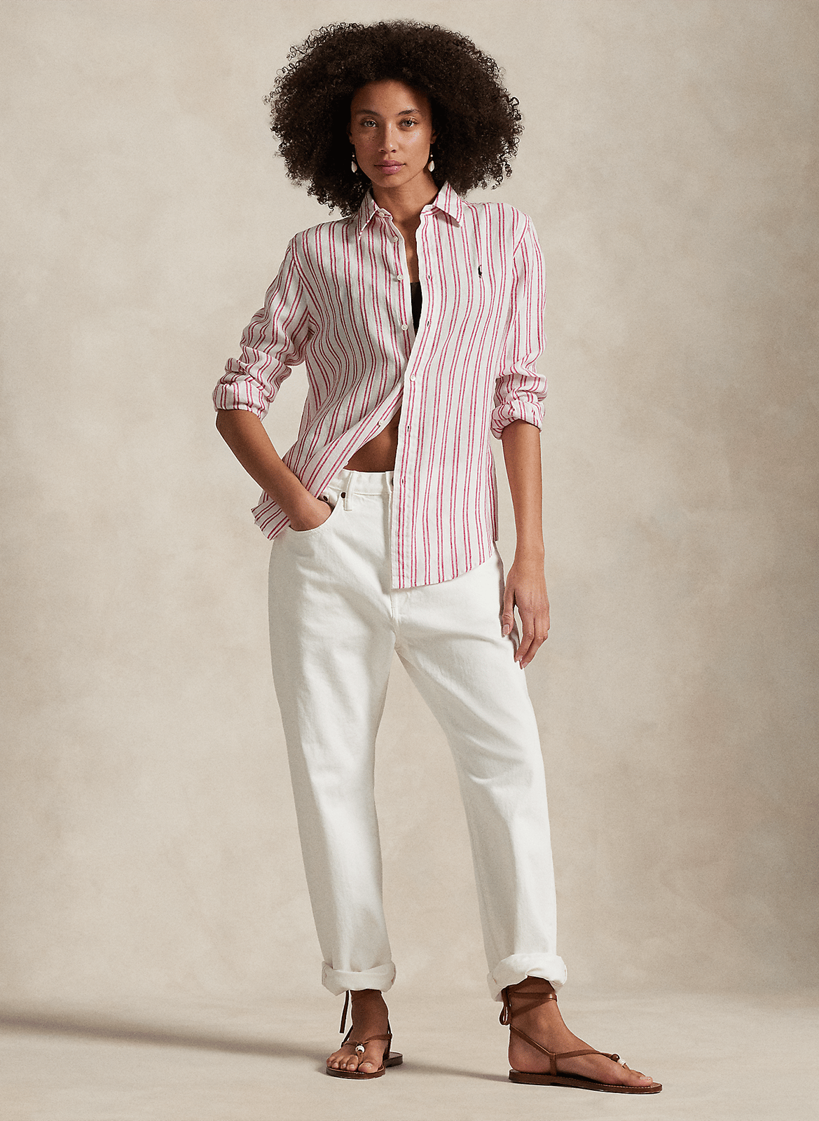 Chemise rayée droite en lin POLO RALPH LAUREN Blanc