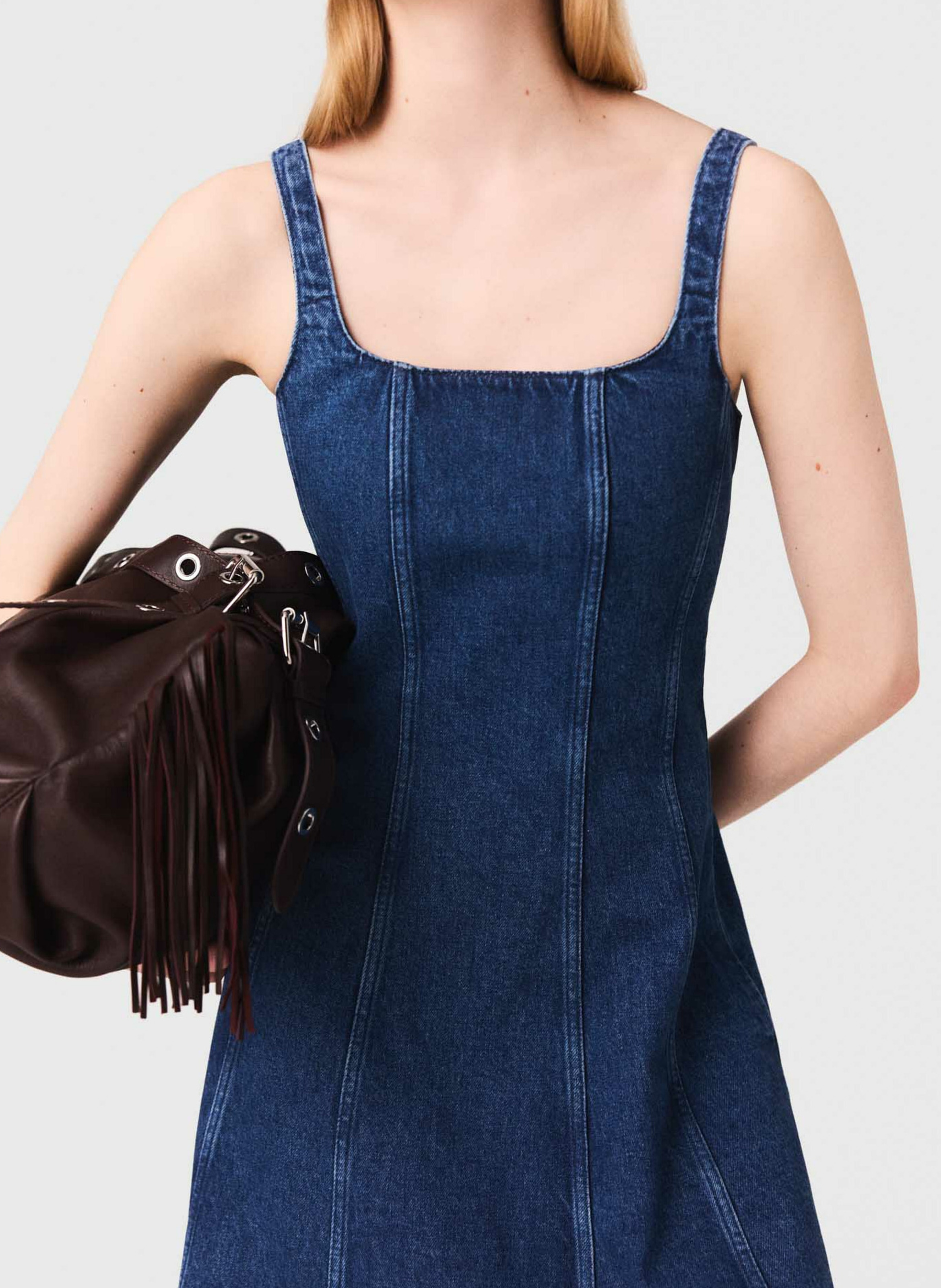 Midi square-neck cotton blend denim dress MAJE Blue