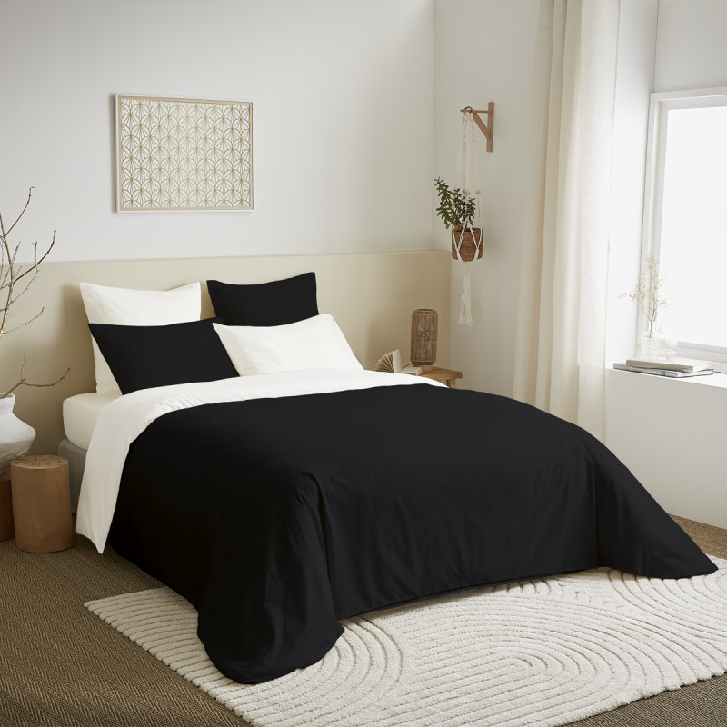 Complete set 6 pieces black/white reversible duvet cover for 180 x 200 cm bed "king size" COTON PUR White