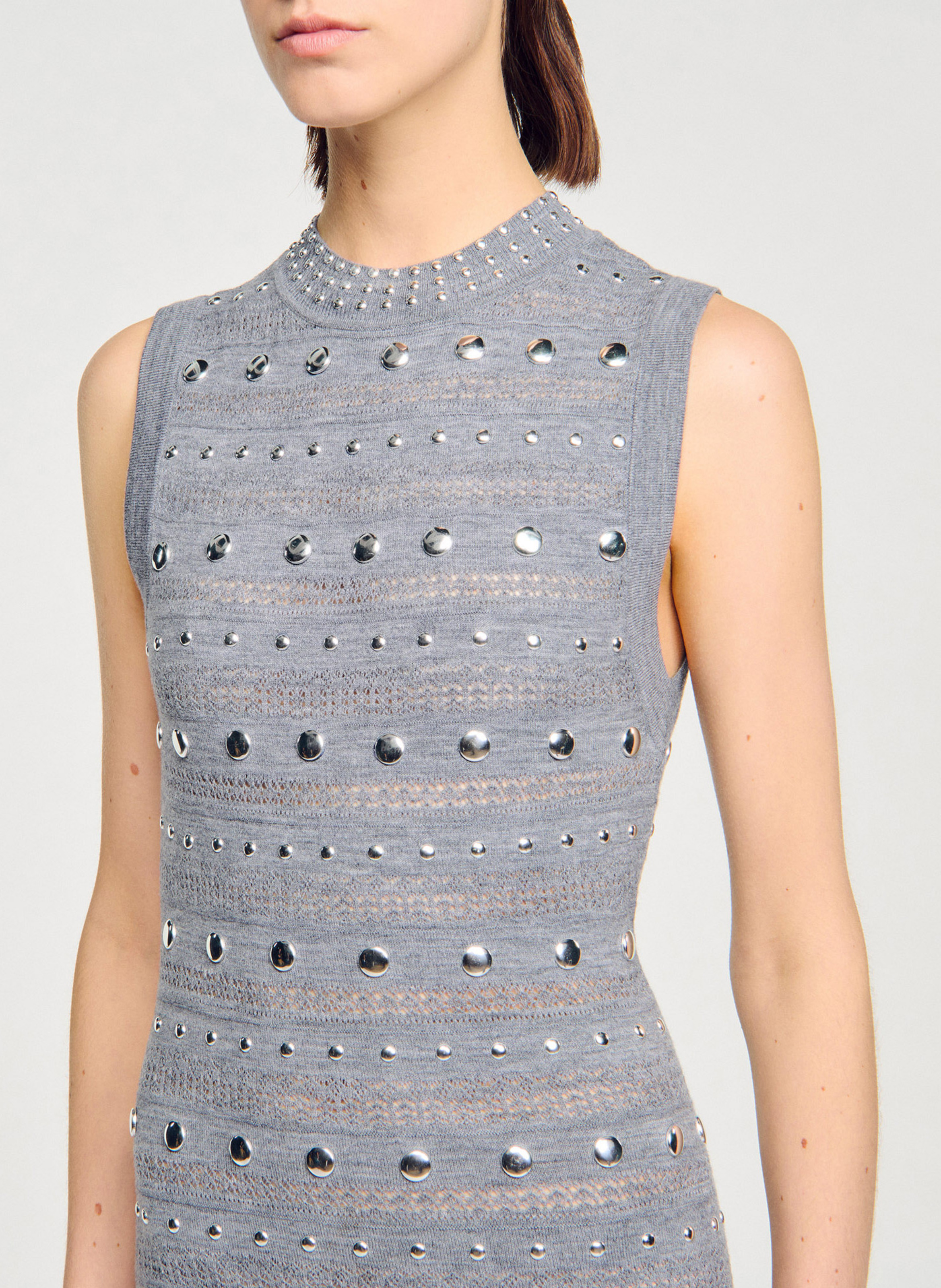 Lange aansluitende jurk met ronde hals in gemengde wol SANDRO Grijs