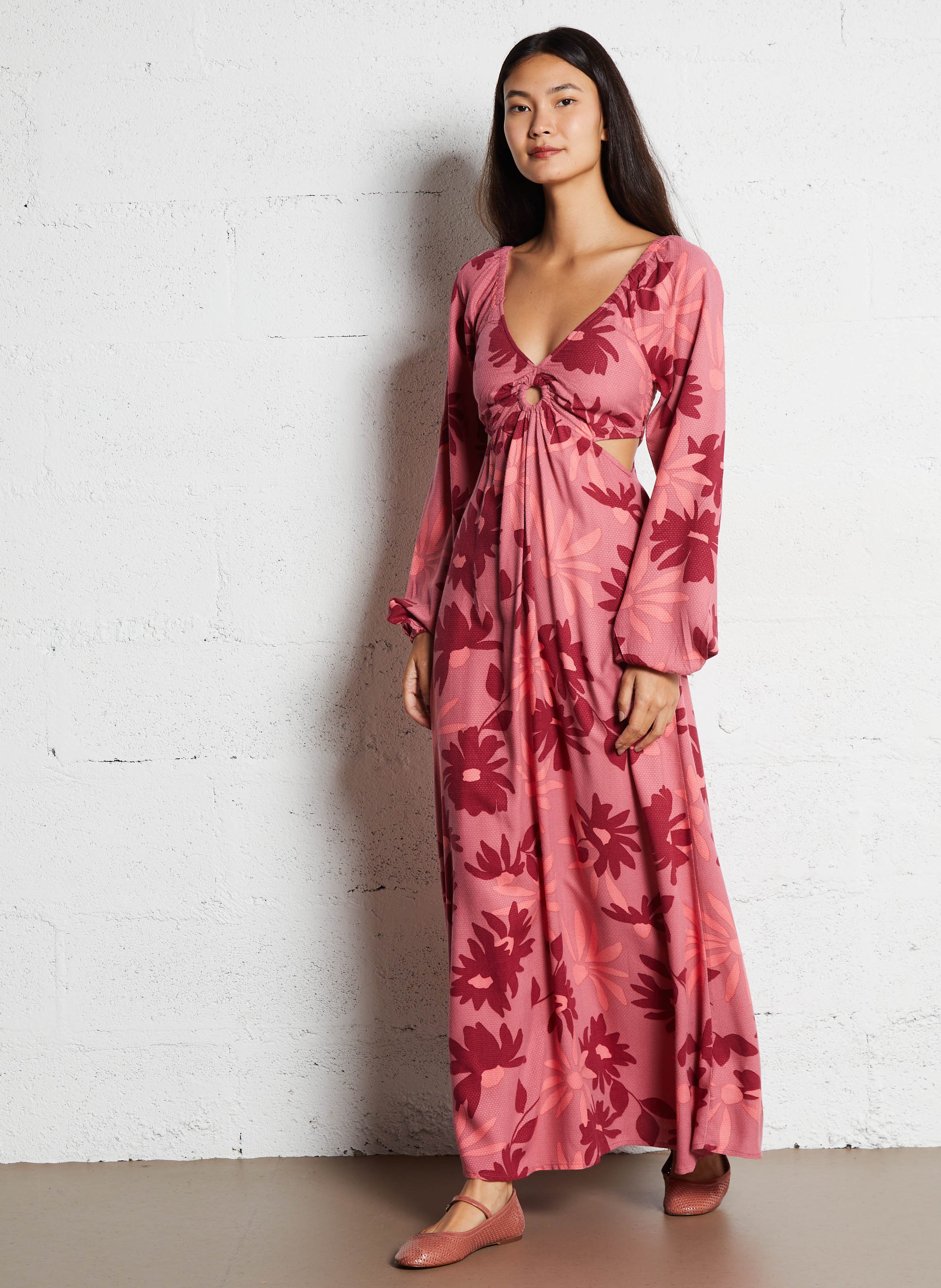 Robe longue col v à imprimé floral BILLABONG Rose