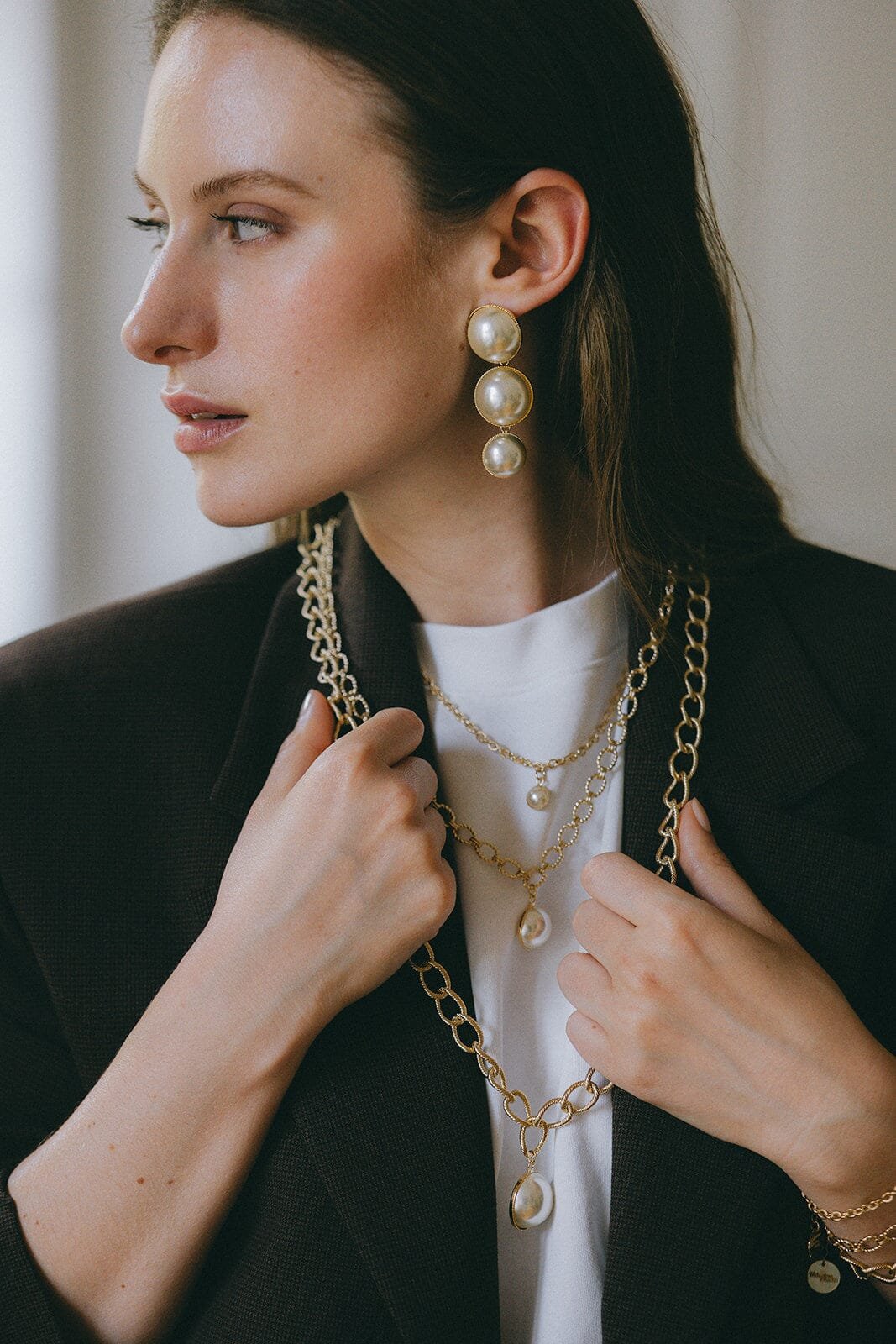 Maxi silver-plated pearl drop stud earrings MONSIEUR SIMONE Golden