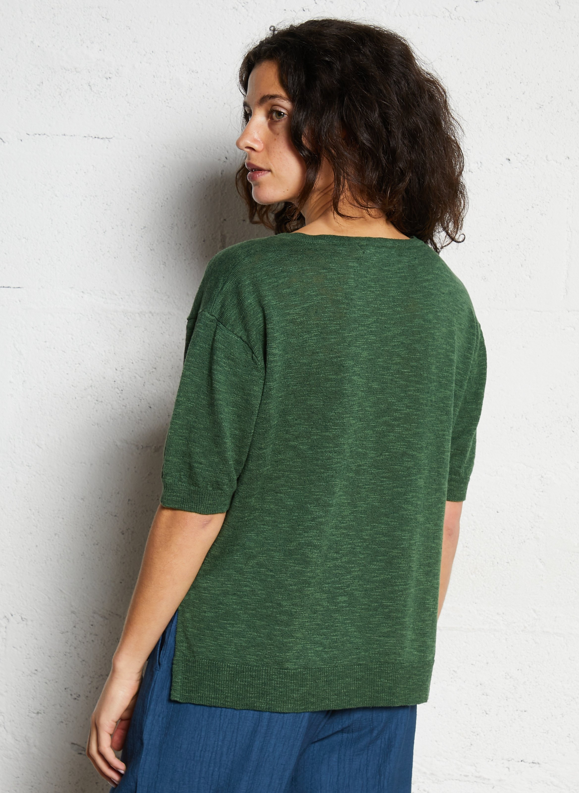 Pull col v brodé en lin mélangé NICE THINGS Vert