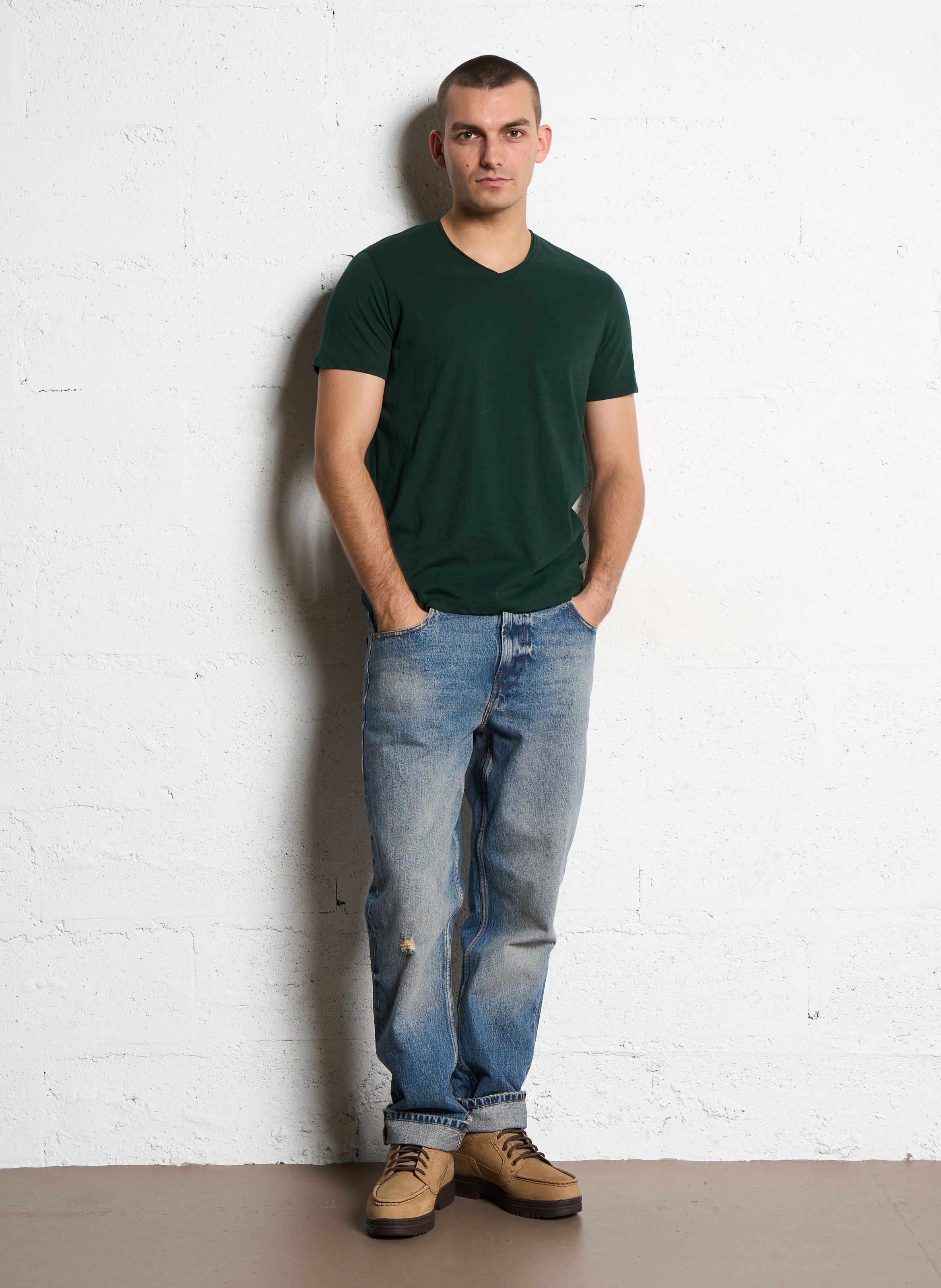 Plain cotton V-neck t-shirt IKKS Green