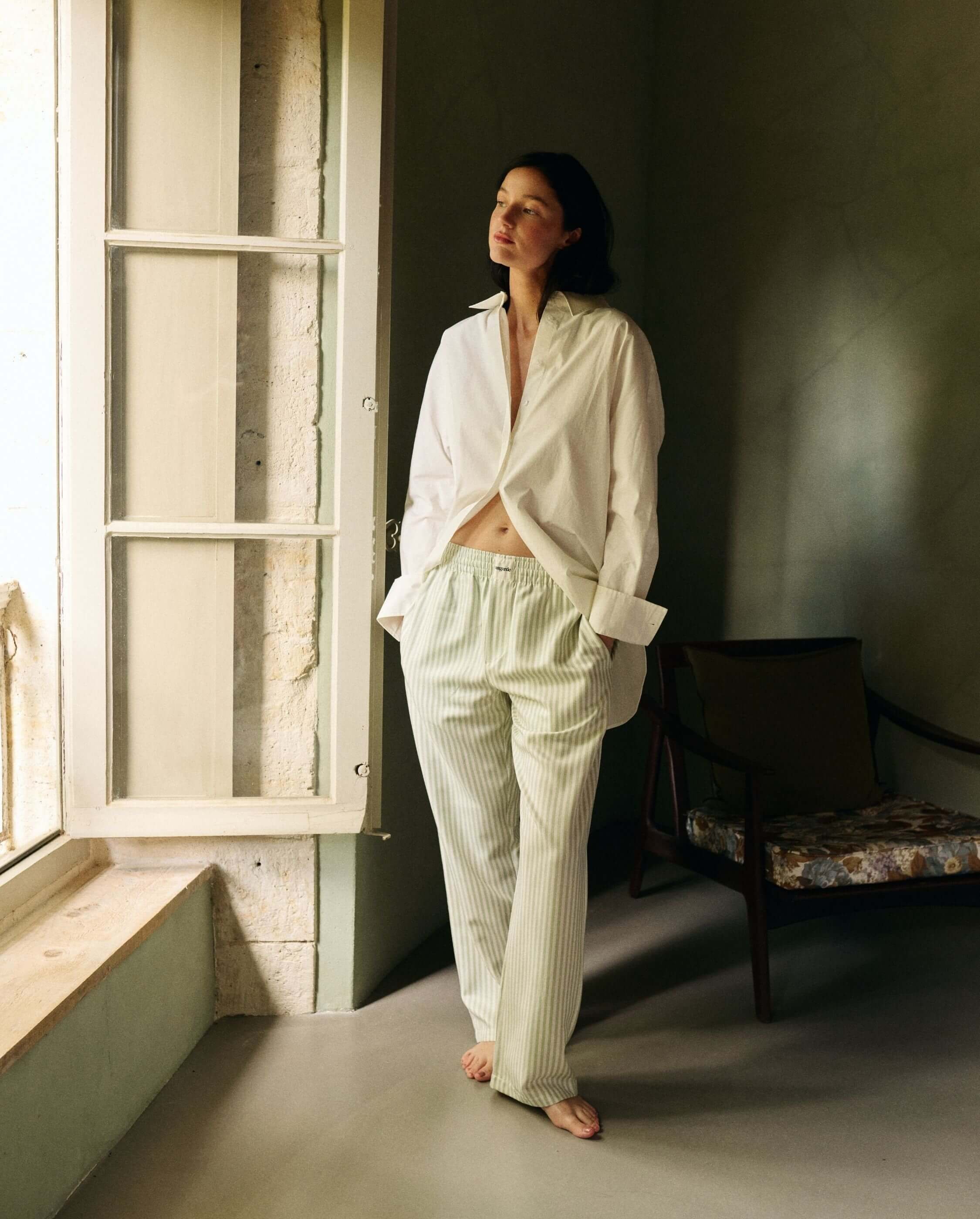 Women's Tencel pants, sage stripes ANGARDE Green