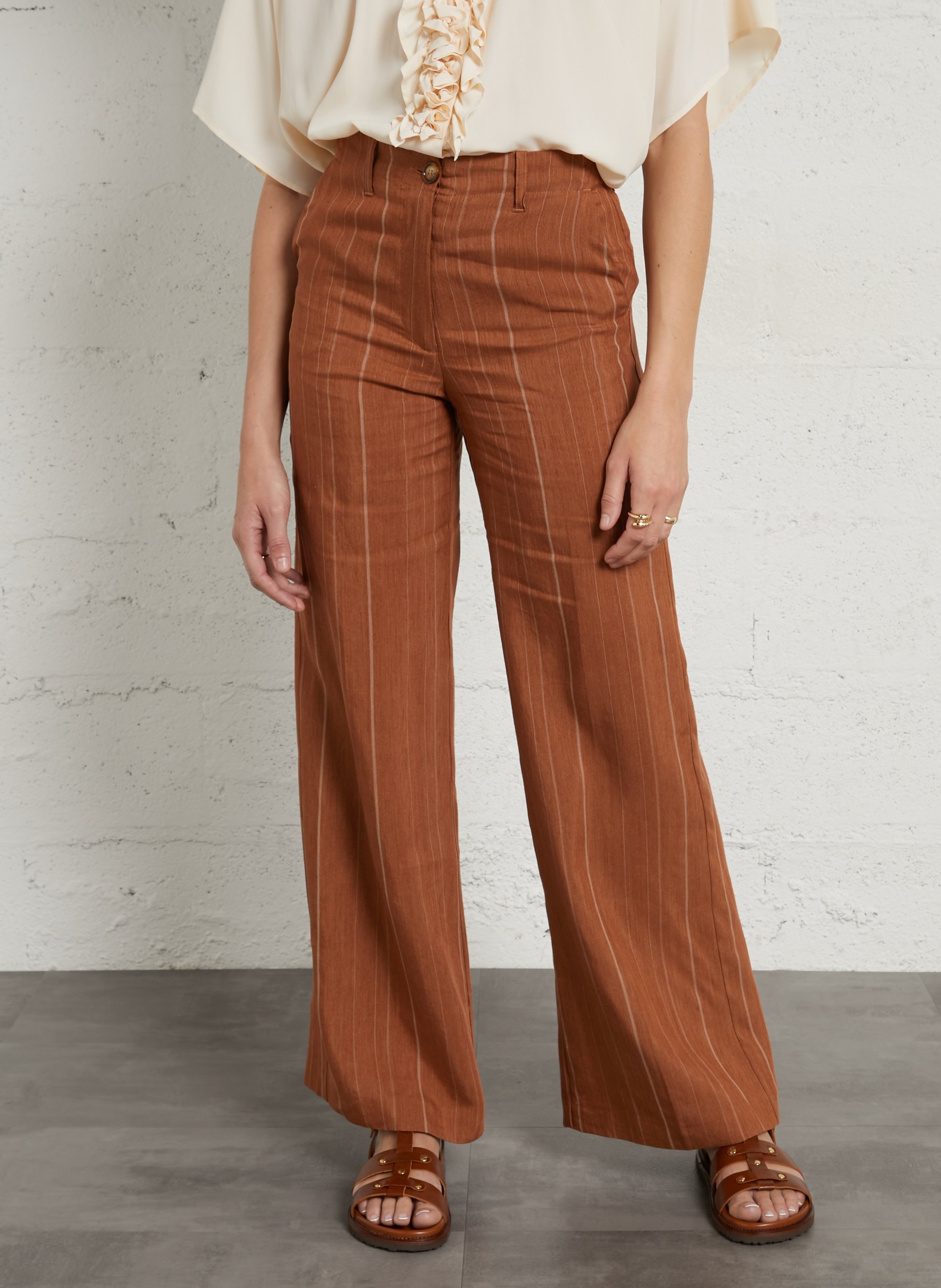 Pantalon large en lin mélangé rayé MOMONI Marron