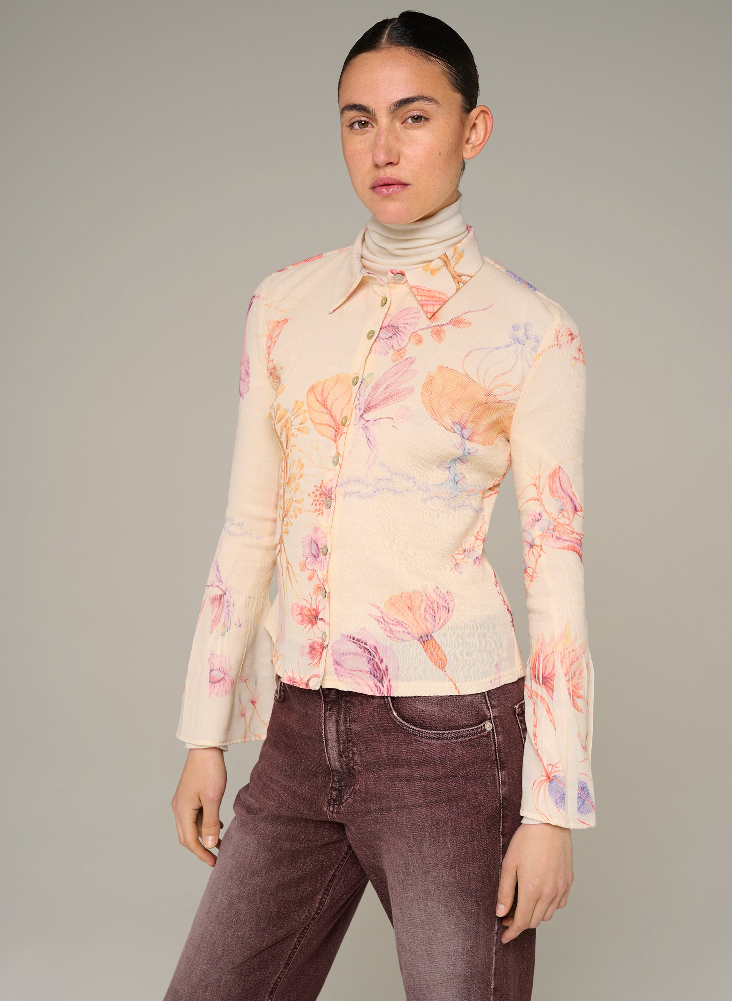 Chemise cintrée col classique imprimé fleuri COTELAC Beige