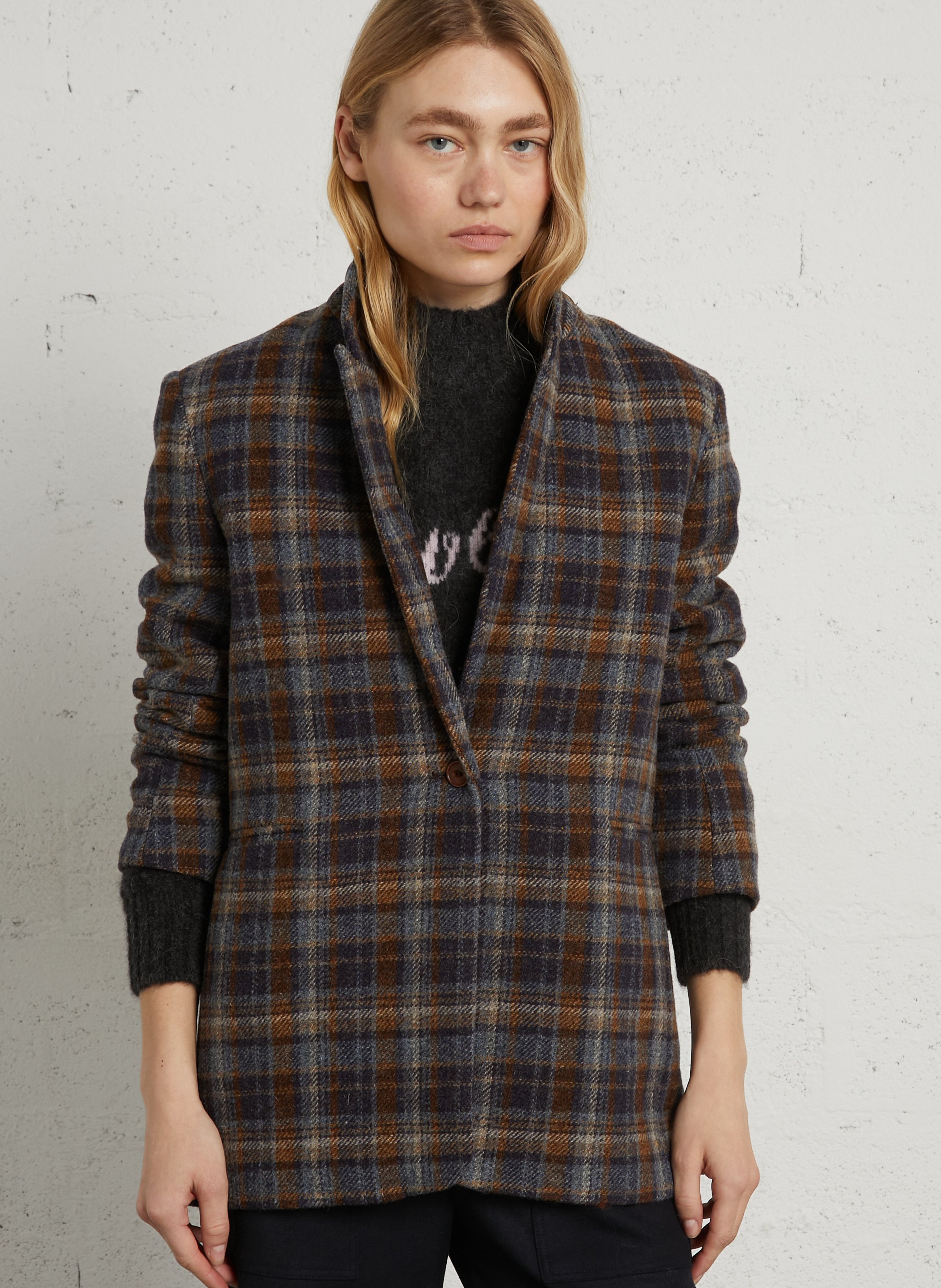 Veste ample col tailleur à carreaux en laine vierge BELLA JONES Bleu