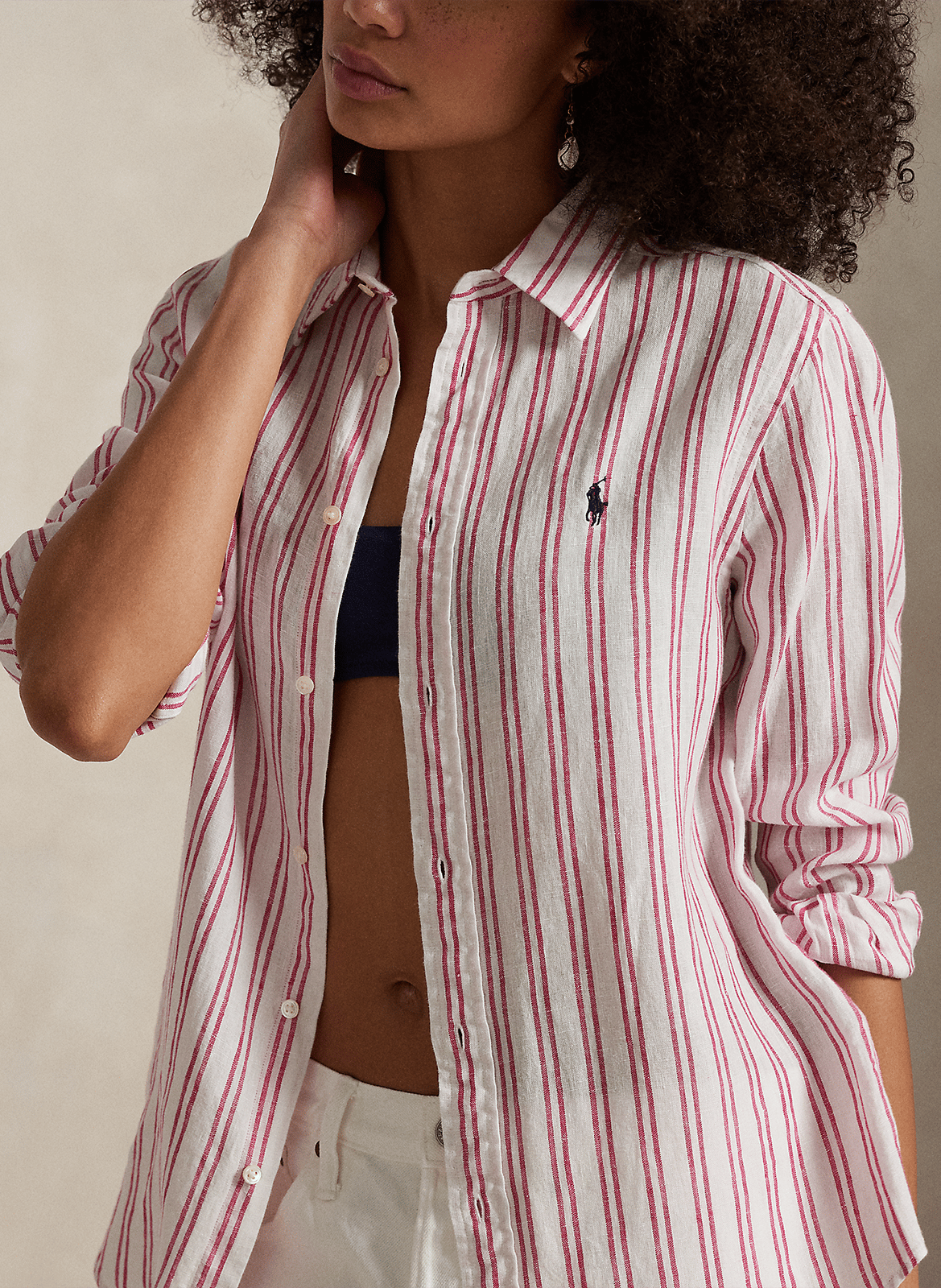 Chemise rayée droite en lin POLO RALPH LAUREN Blanc