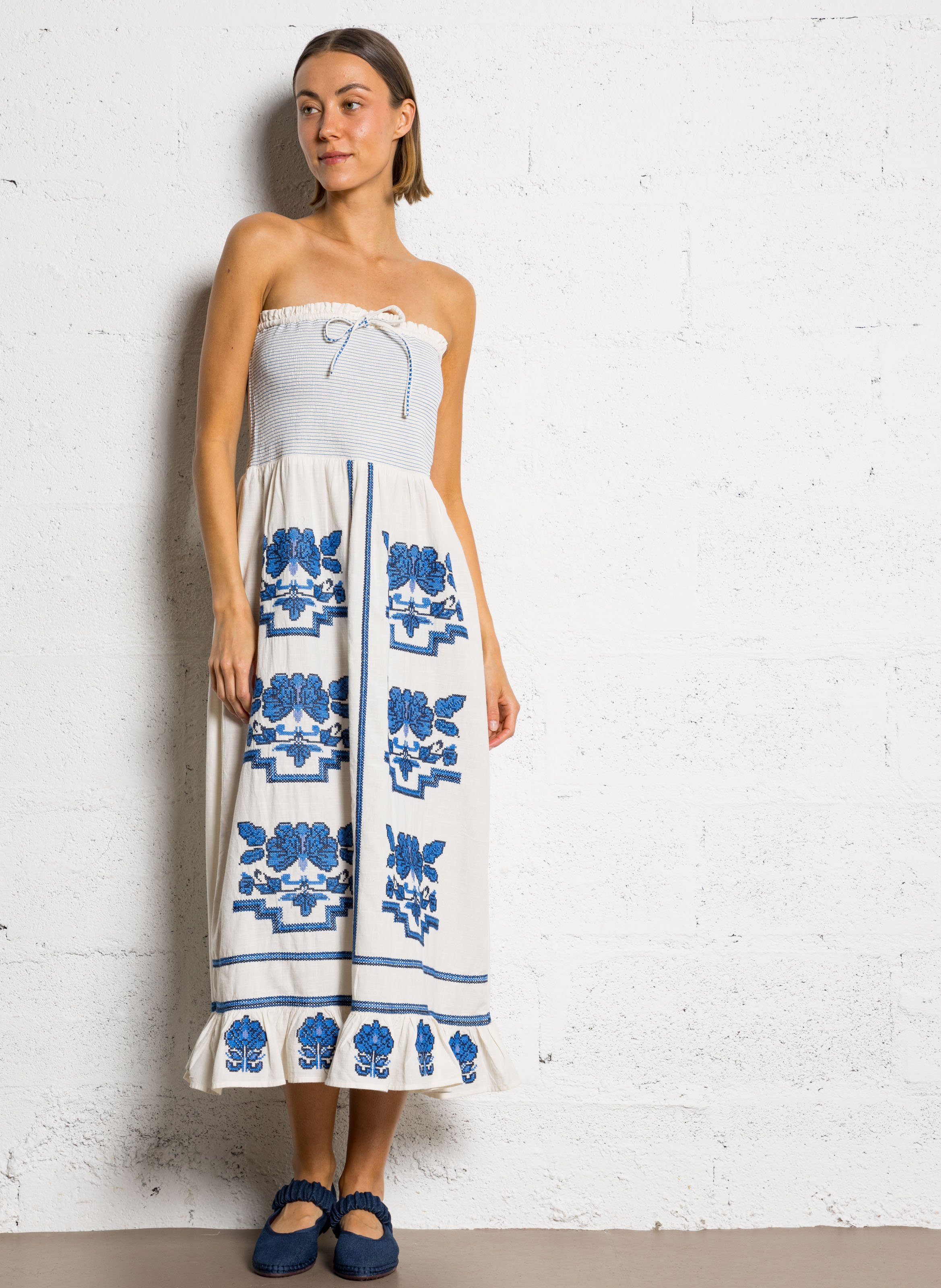 Lange jurk van katoen met borduursel M.A.B.E Beige