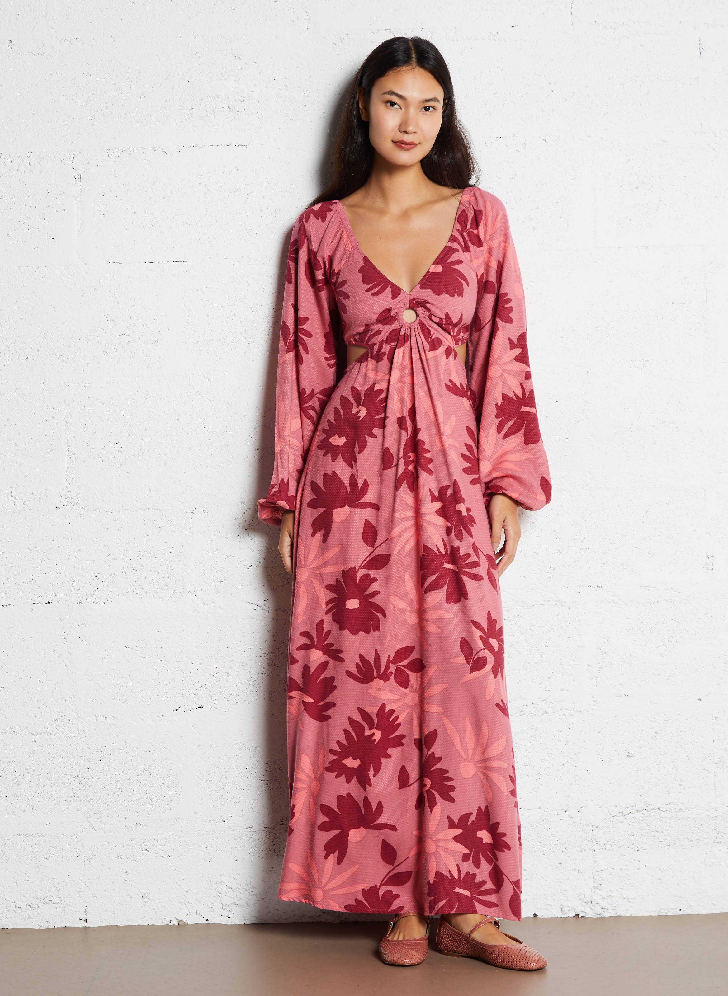 Robe longue col v à imprimé floral BILLABONG Rose