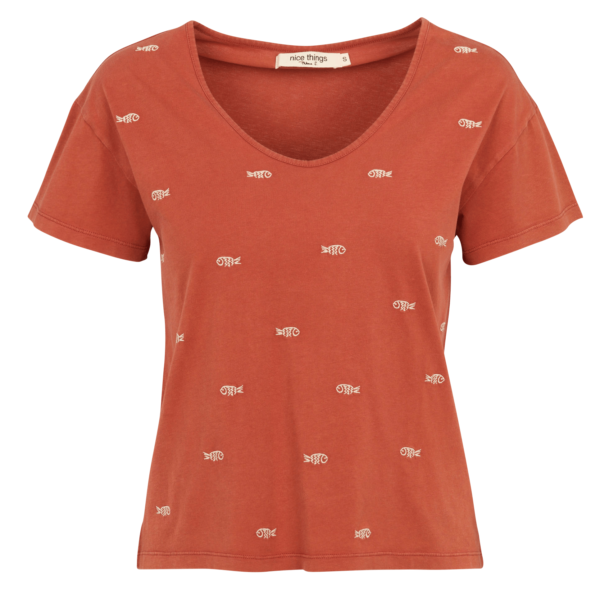 Round neck cotton embroidered t-shirt NICE THINGS Brown