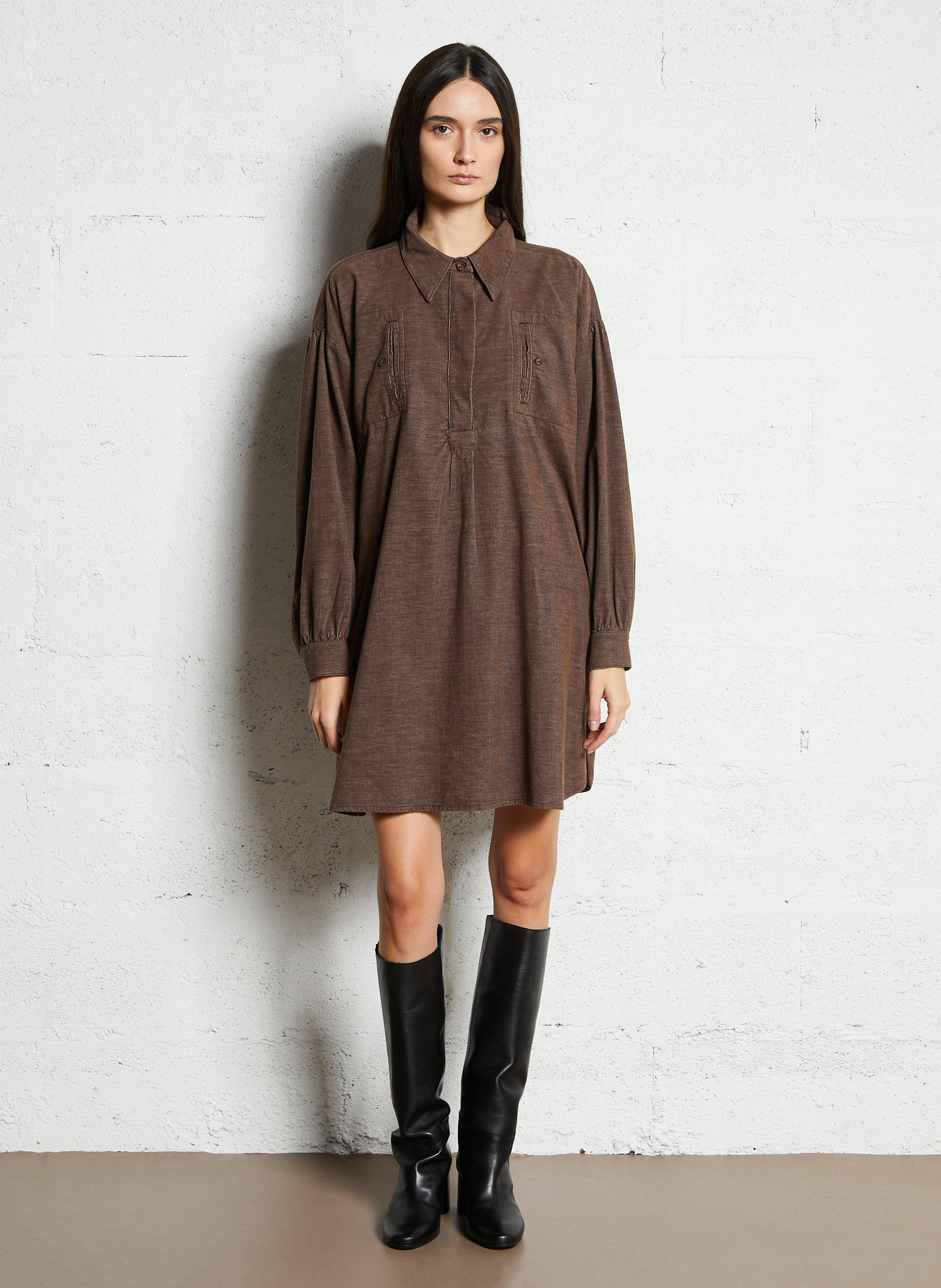 Robe courte ample col classique en coton HOD PARIS Marron