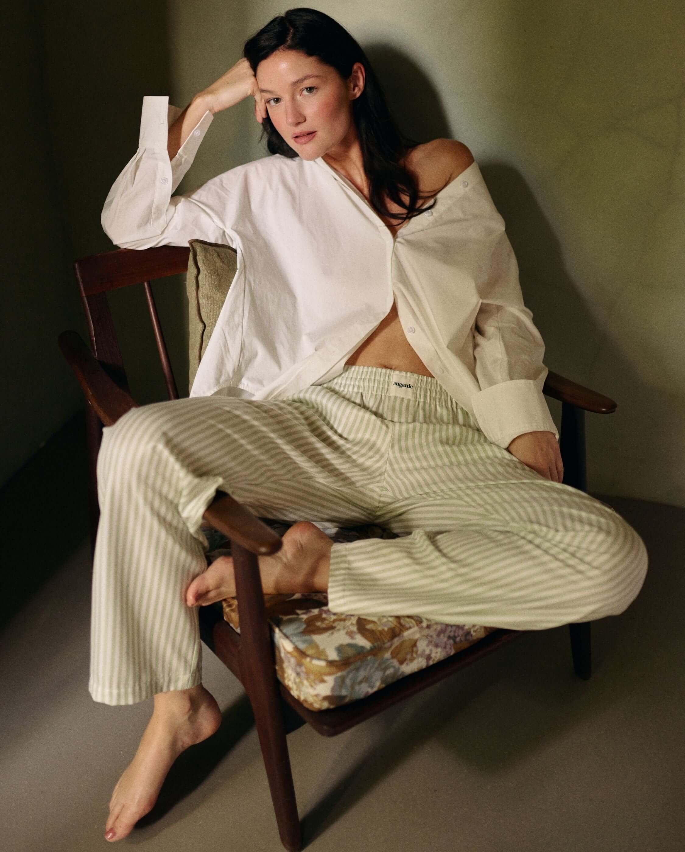 Women's Tencel pants, sage stripes ANGARDE Green