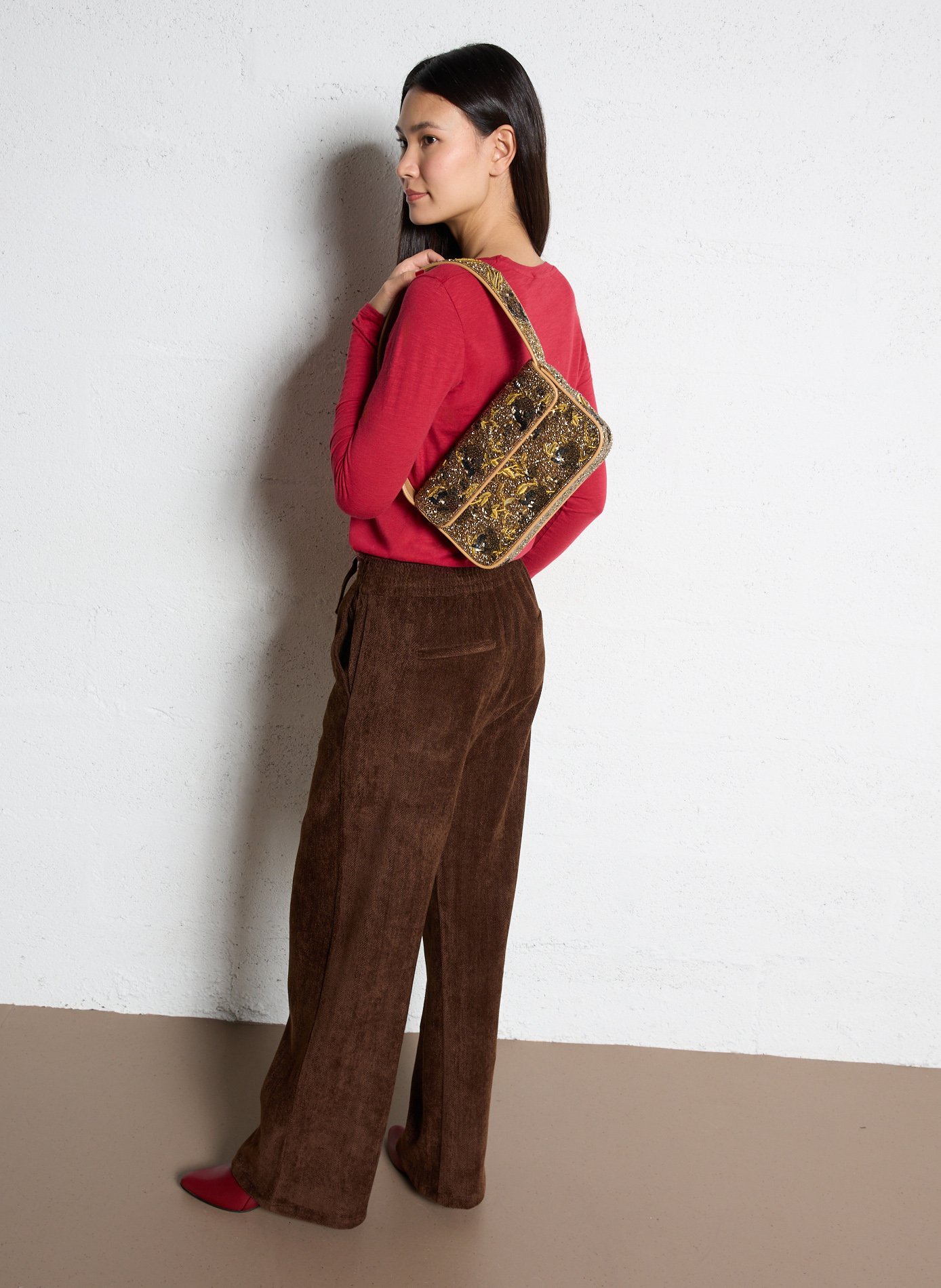 Sac épaule à perles motif floral  STAUD Doré