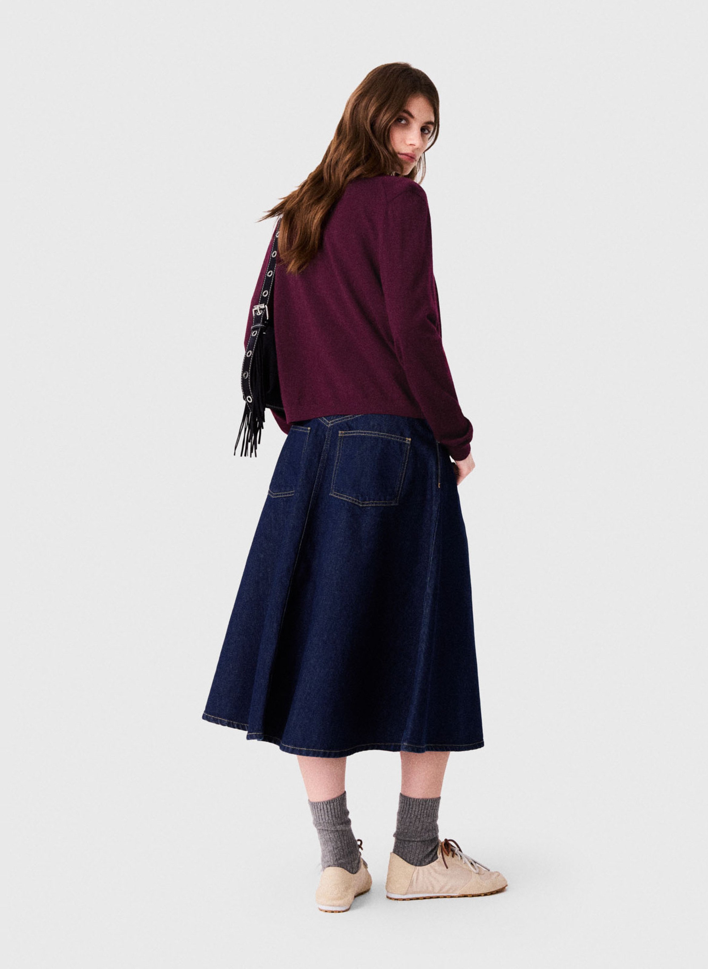 Jupe midi évasée en denim de coton MAJE Bleu