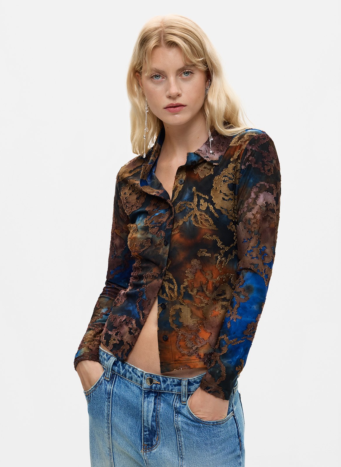 Chemise droite col classique imprimée DESIGUAL Marron