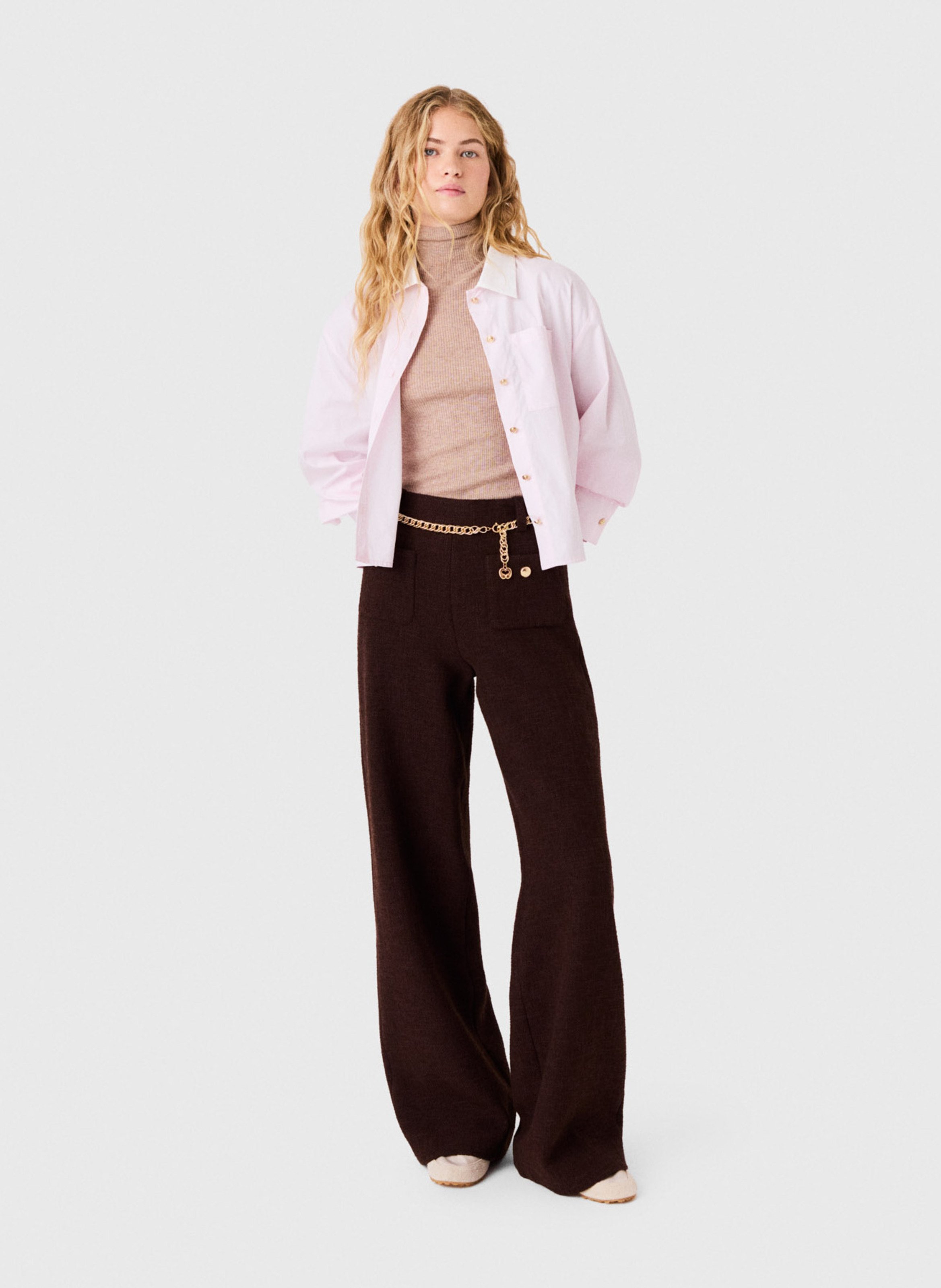 Pantalon large taille haute en tweed MAJE Marron