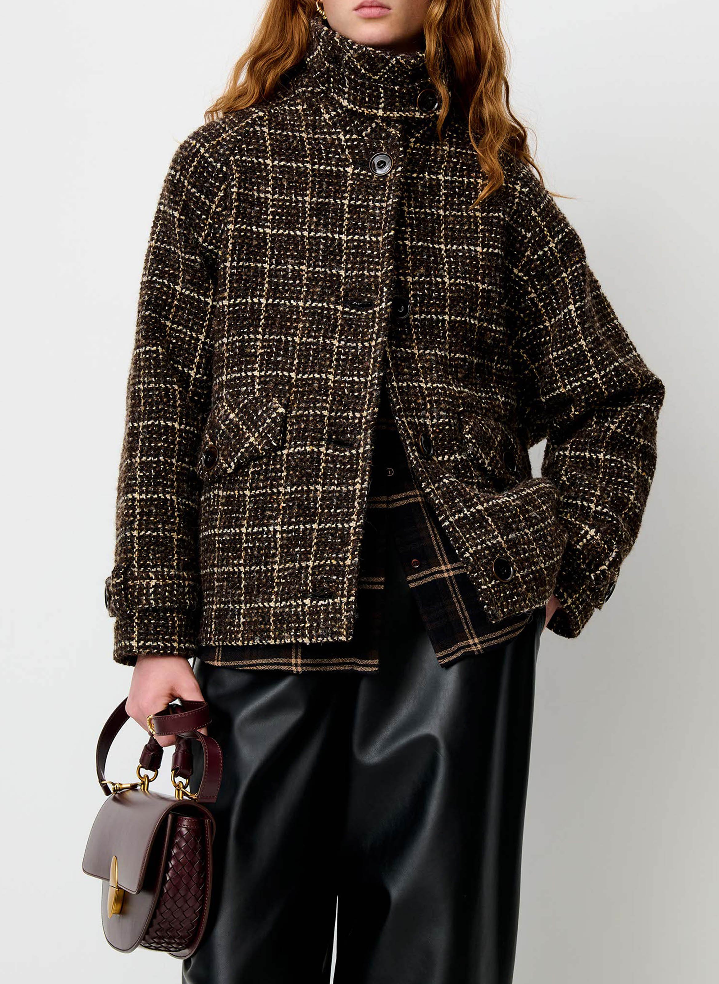 Oversized coat with a bomber jacket style in tartan weave SESSUN Brown