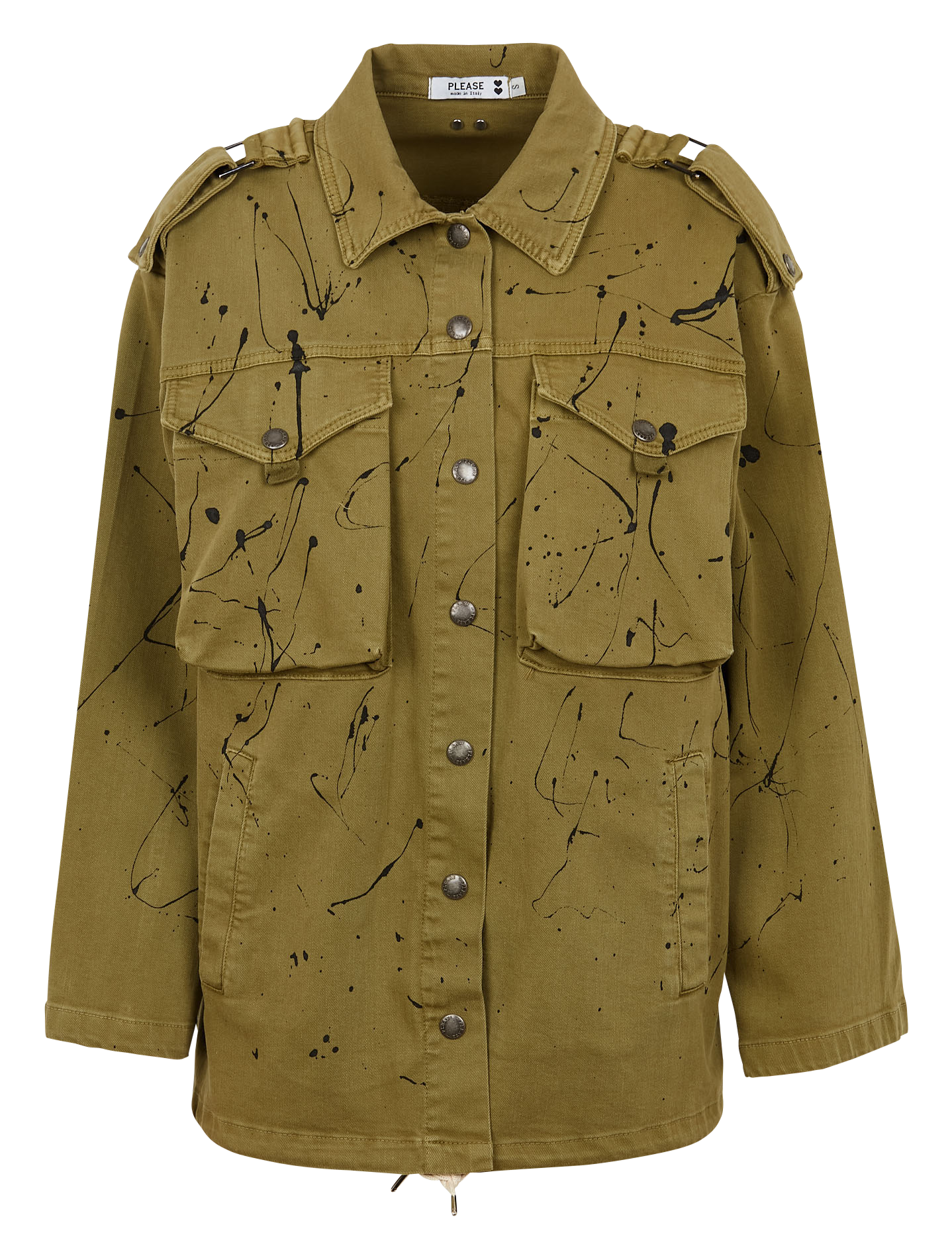 Straight-cut paint splatter print jacket with classic collar PLEASE Khaki