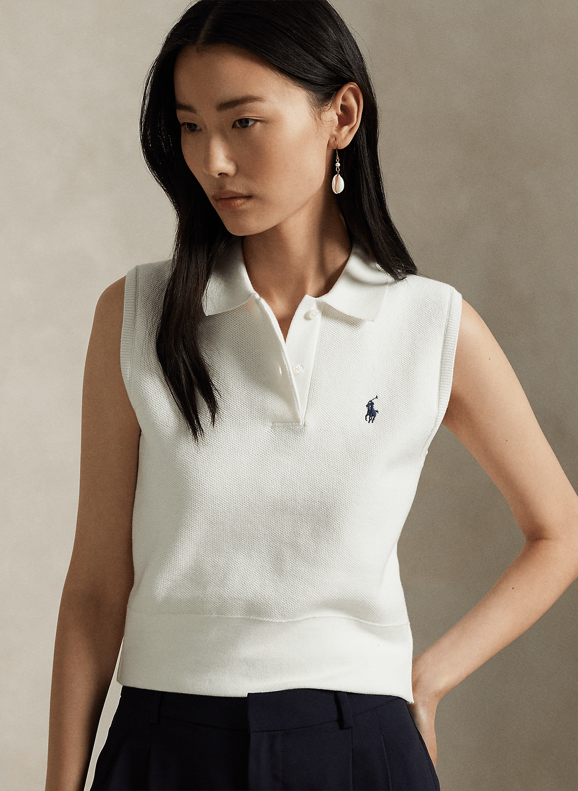 Sweat col polo sans manches à logo Blanc