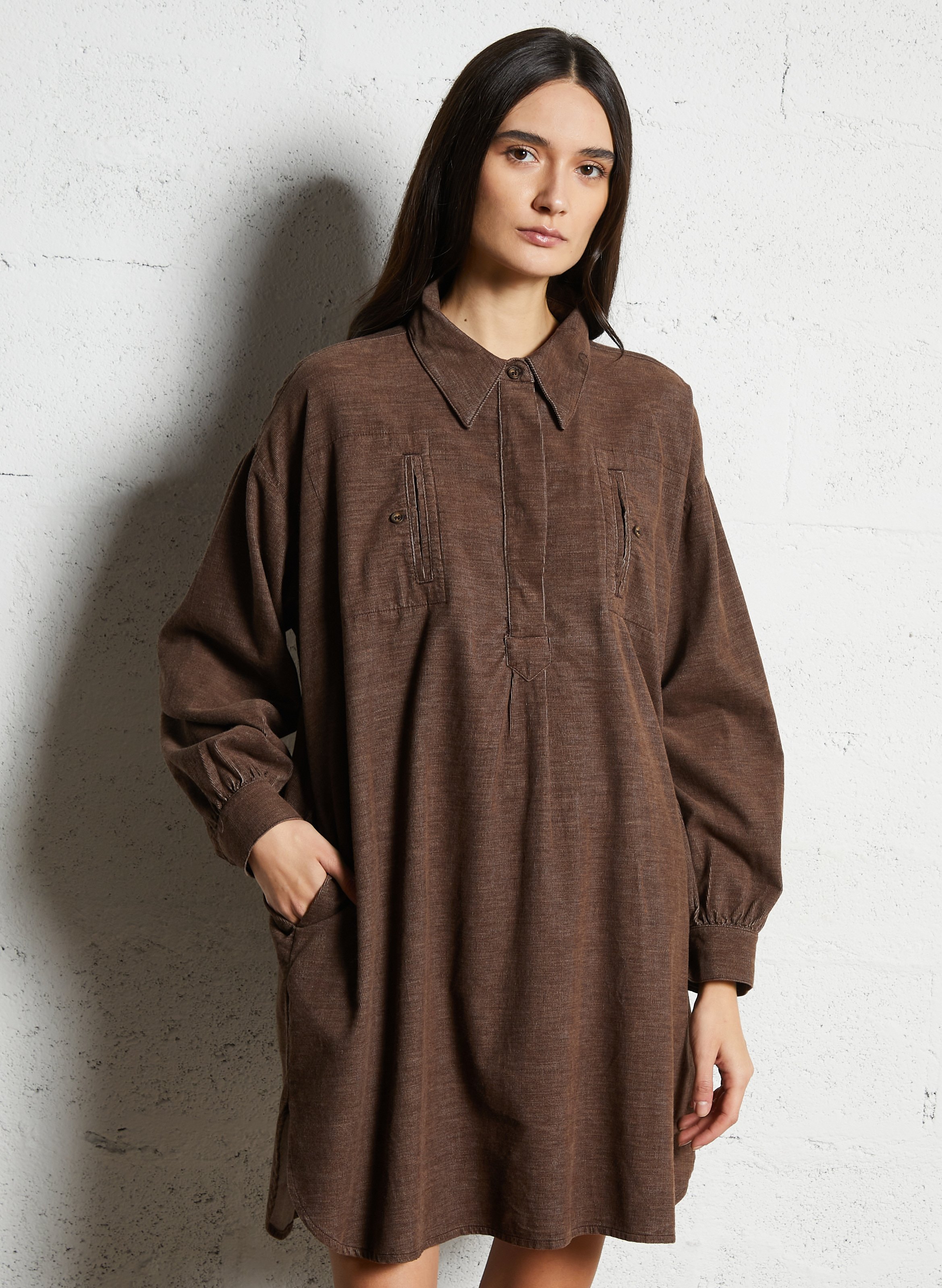 Short cotton loose-fit dress with classic collar HOD PARIS