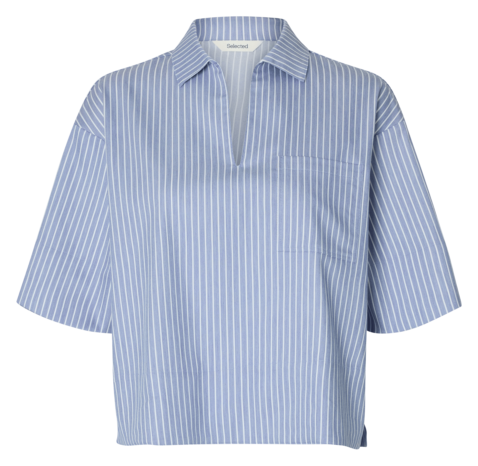 Rechte blouse met klassieke kraag van biologisch katoen met strepen. SELECTED Blauw