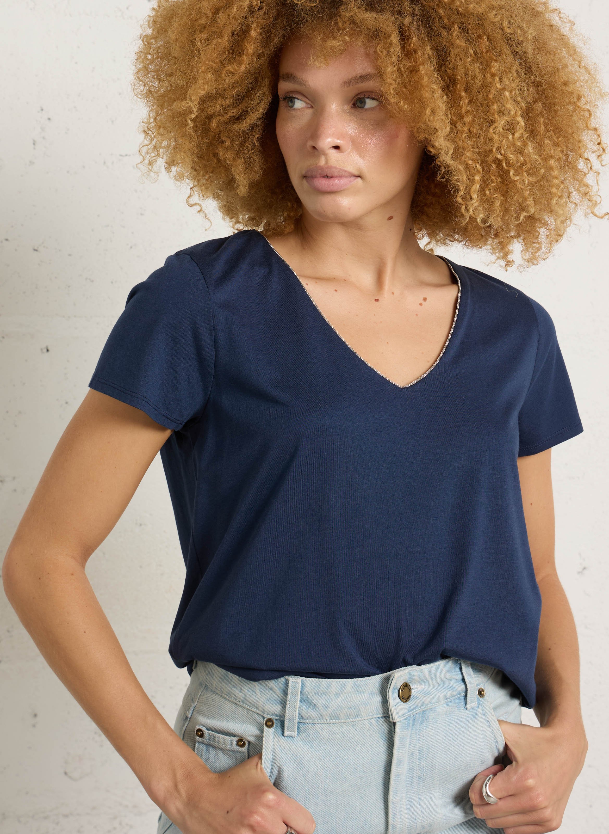 Baumwoll-T-Shirt mit V-Ausschnitt SUD EXPRESS Blau