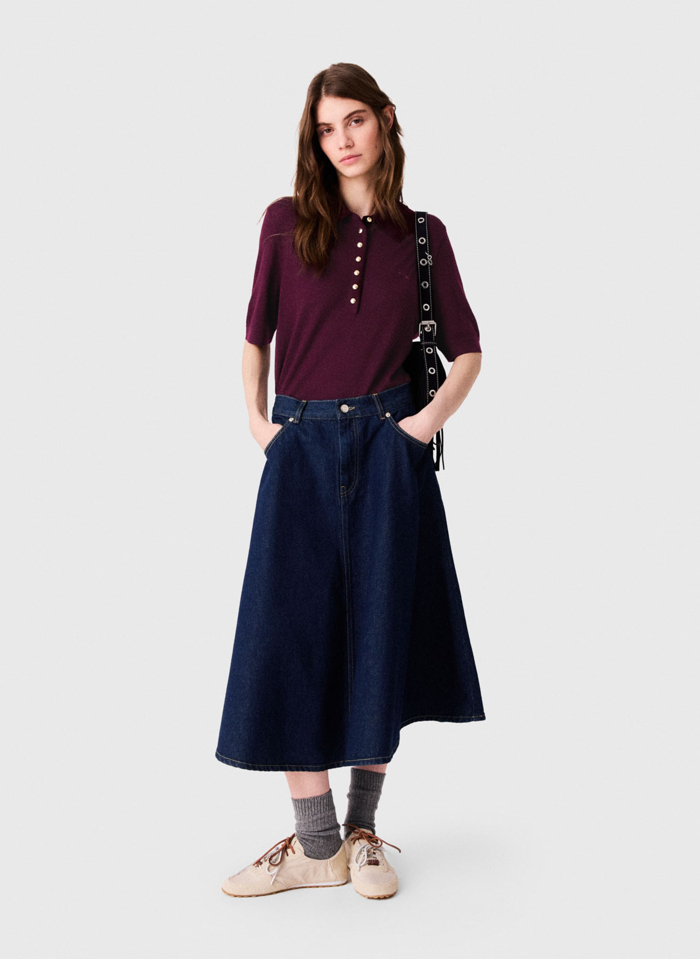 Jupe midi évasée en denim de coton MAJE Bleu