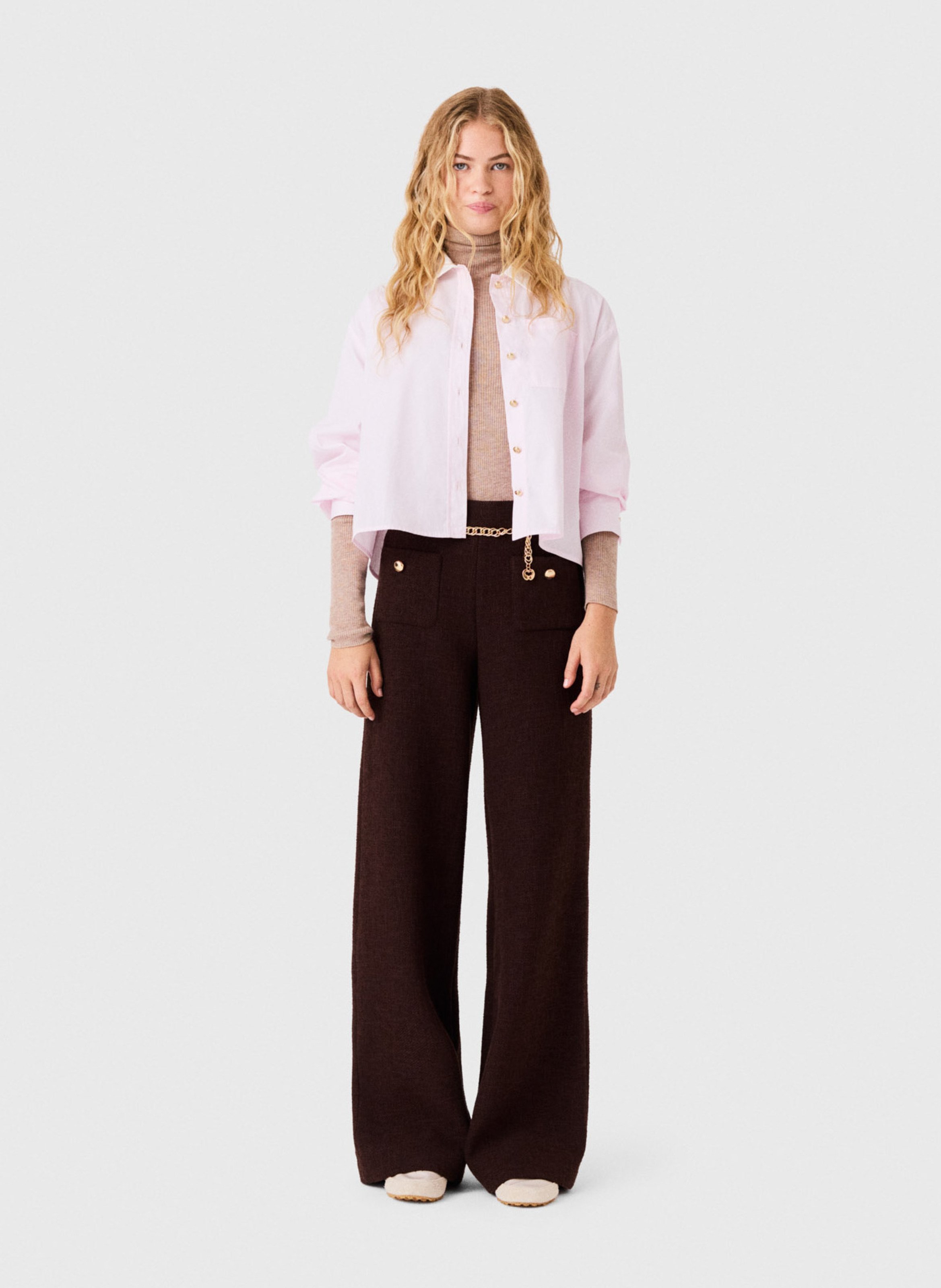 Pantalon large taille haute en tweed MAJE Marron