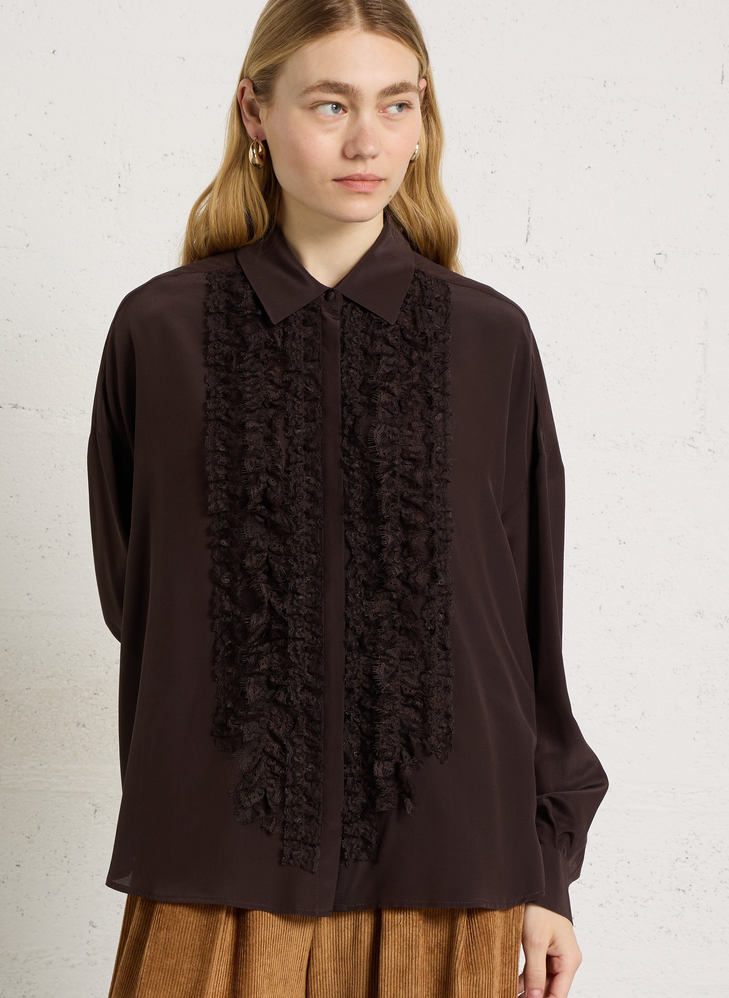 Loose-Fitting Silk Lace Shirt MOMONI Brown