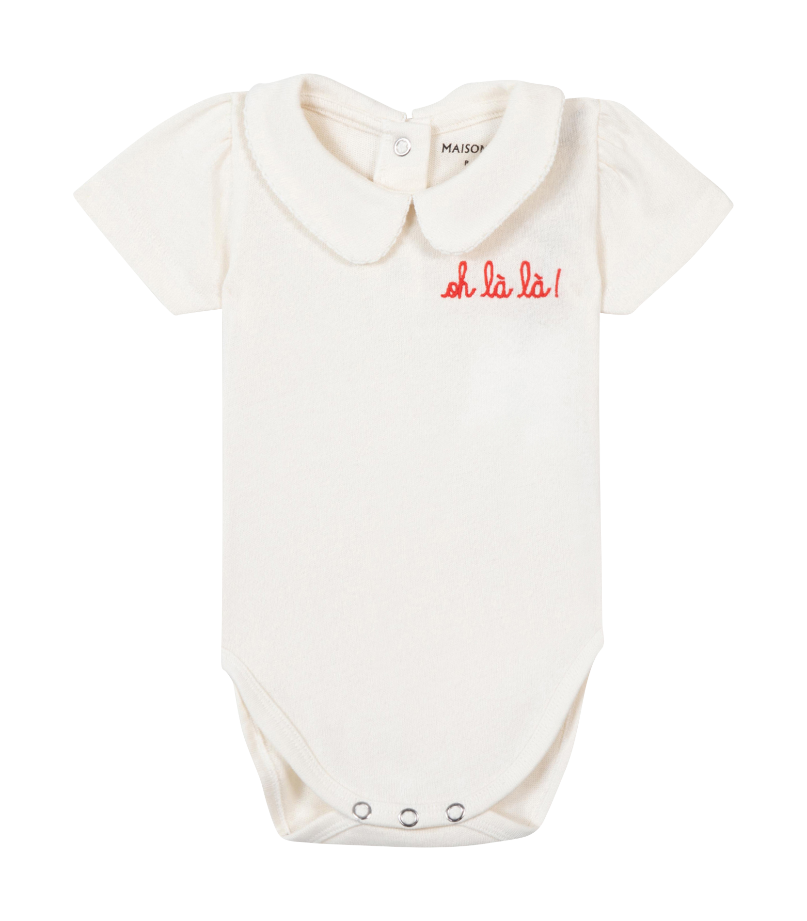 Organic cotton bodysuit with Peter Pan collar and "oh là là" embroidery MAISON LABICHE White