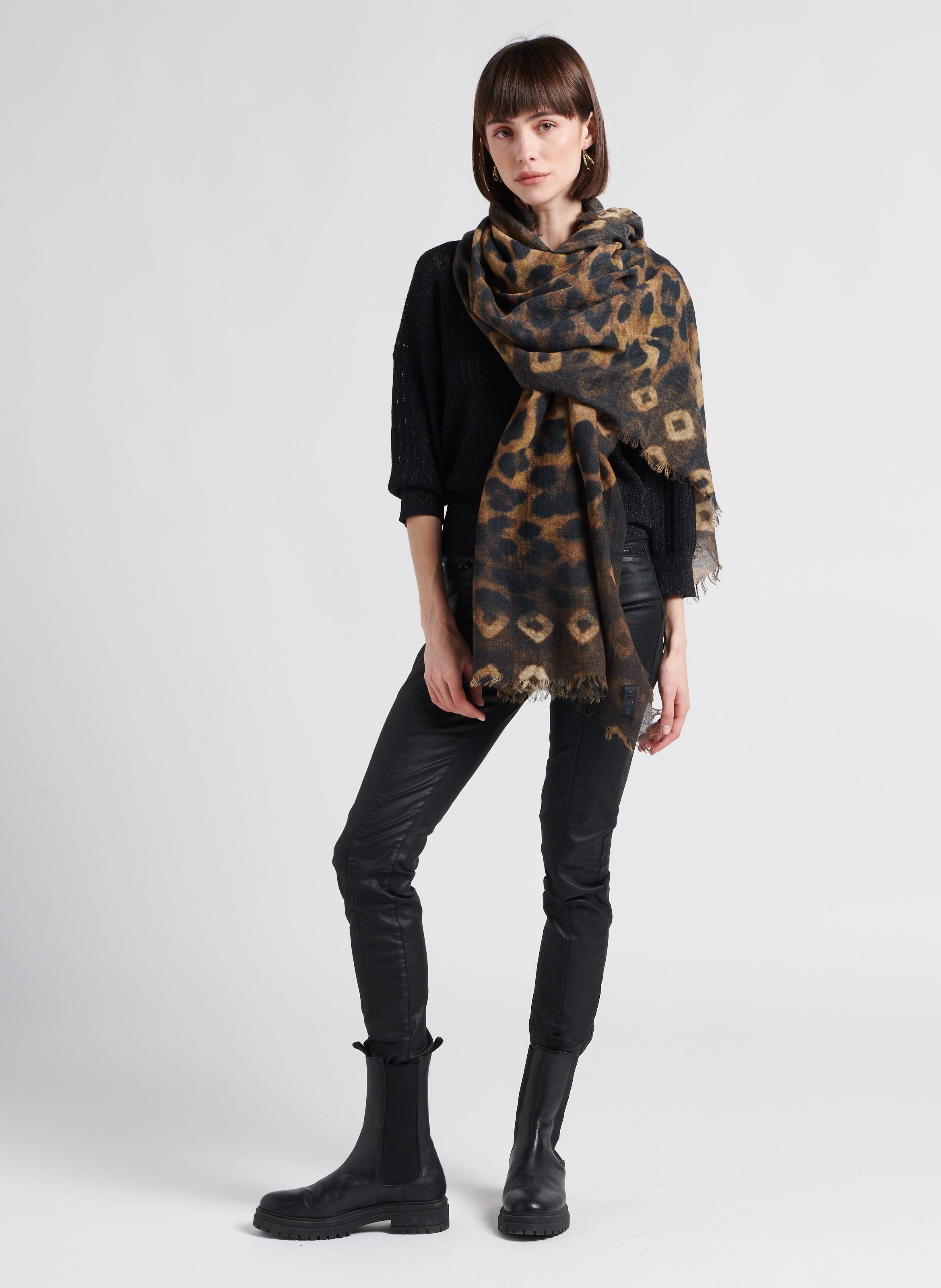 Black Leopard print wool floaty scarf