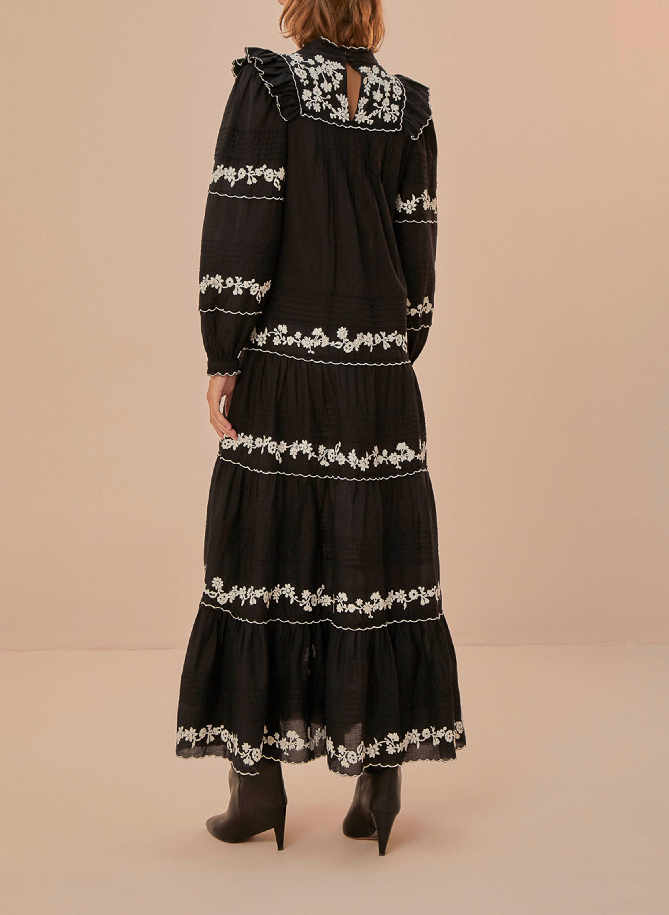 Long embroidered cotton dress FARM RIO Black