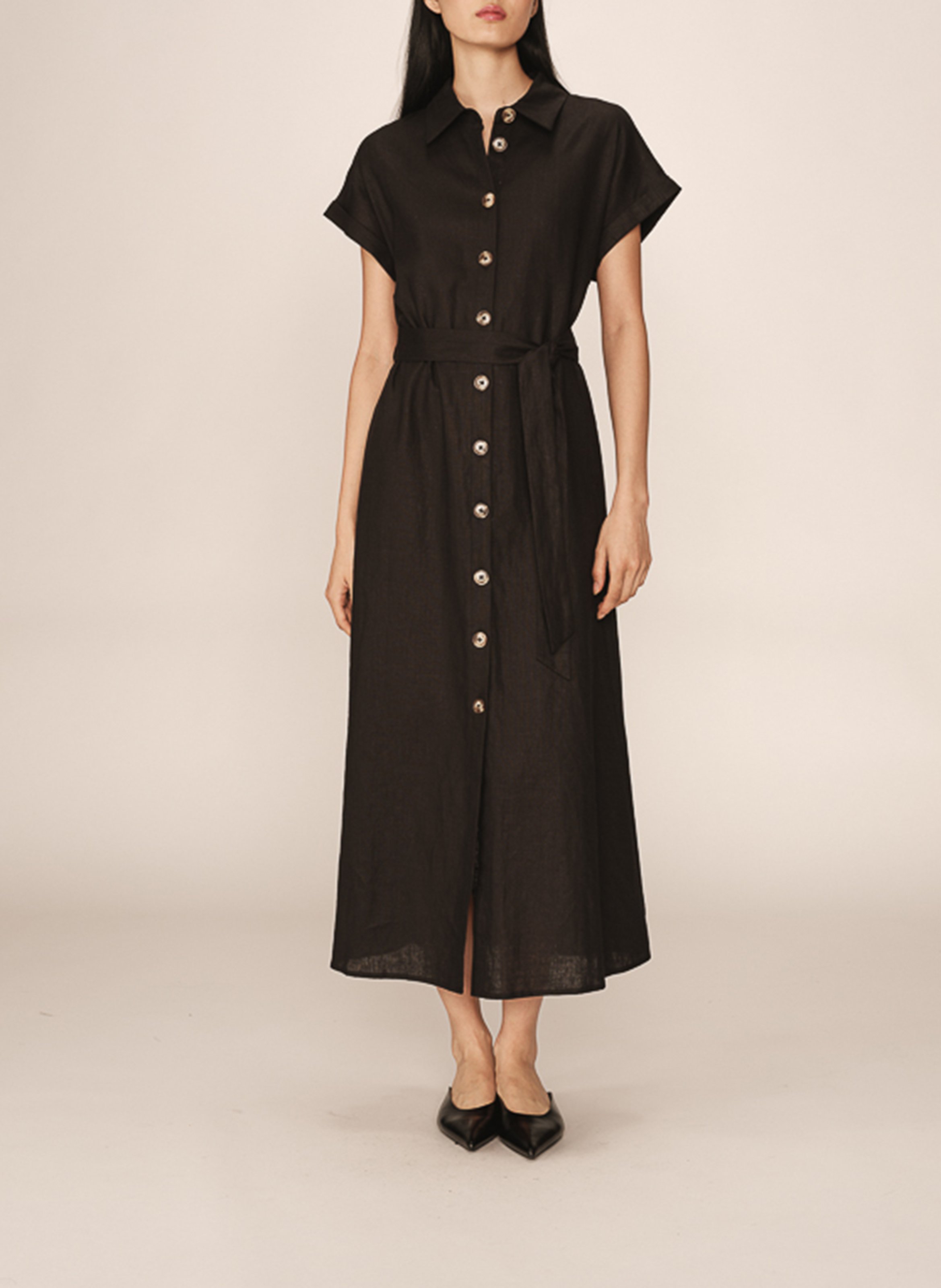 ワンピース PLAIN ABITO CHEMISIER LINO LUNGO CON SPACCHI (45904212 062) Abito chemisier lungo in misto lino Noir Grace Et Mila