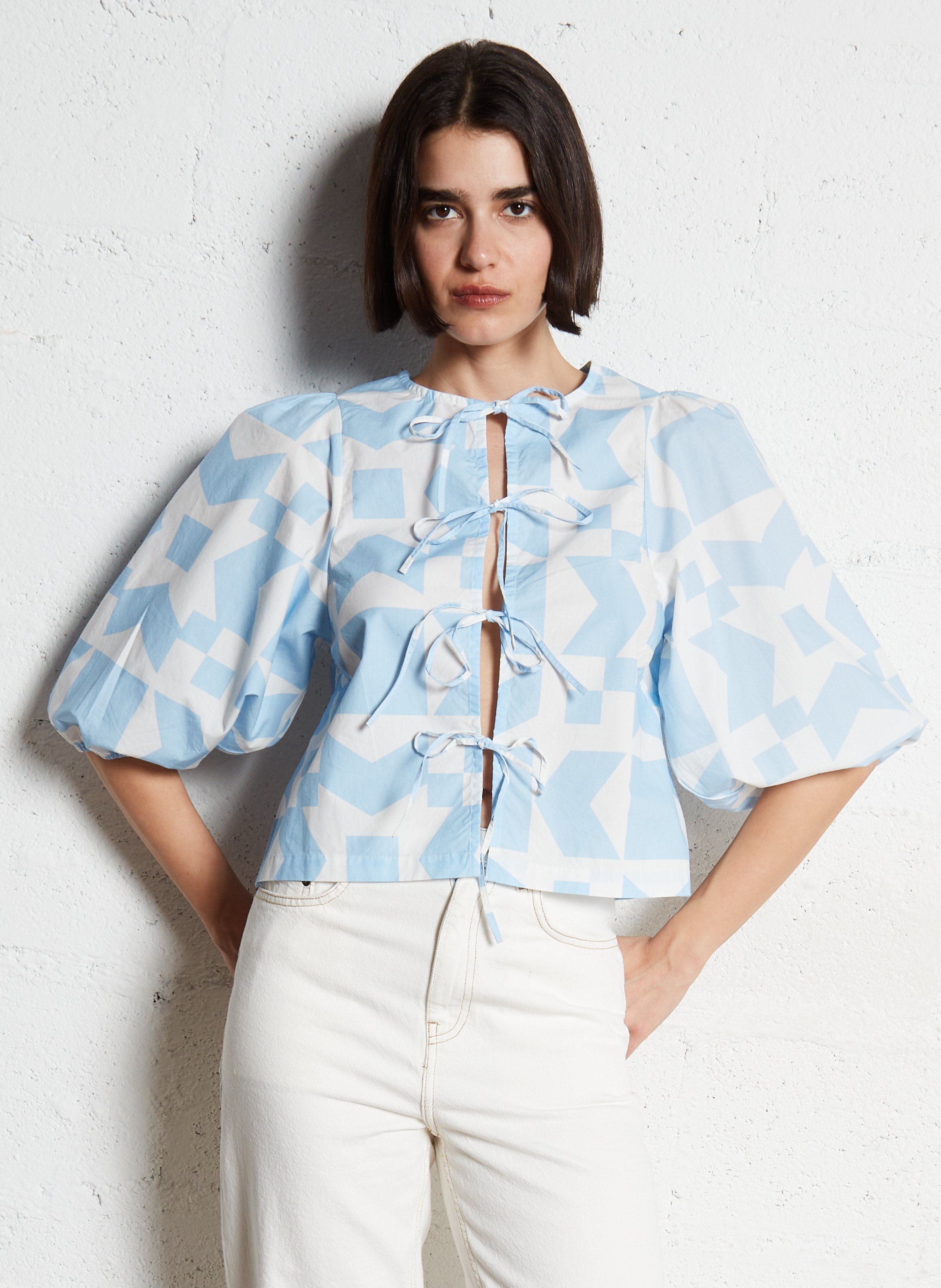 Round-neck cotton blouse THE TINY BIG SISTER Blue