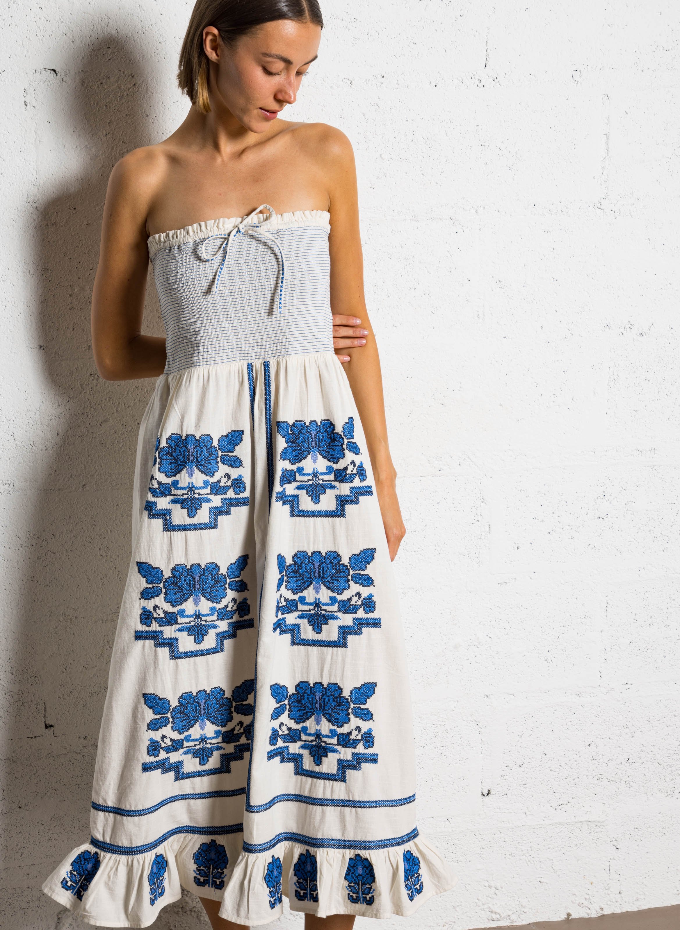 Lange jurk van katoen met borduursel M.A.B.E Beige