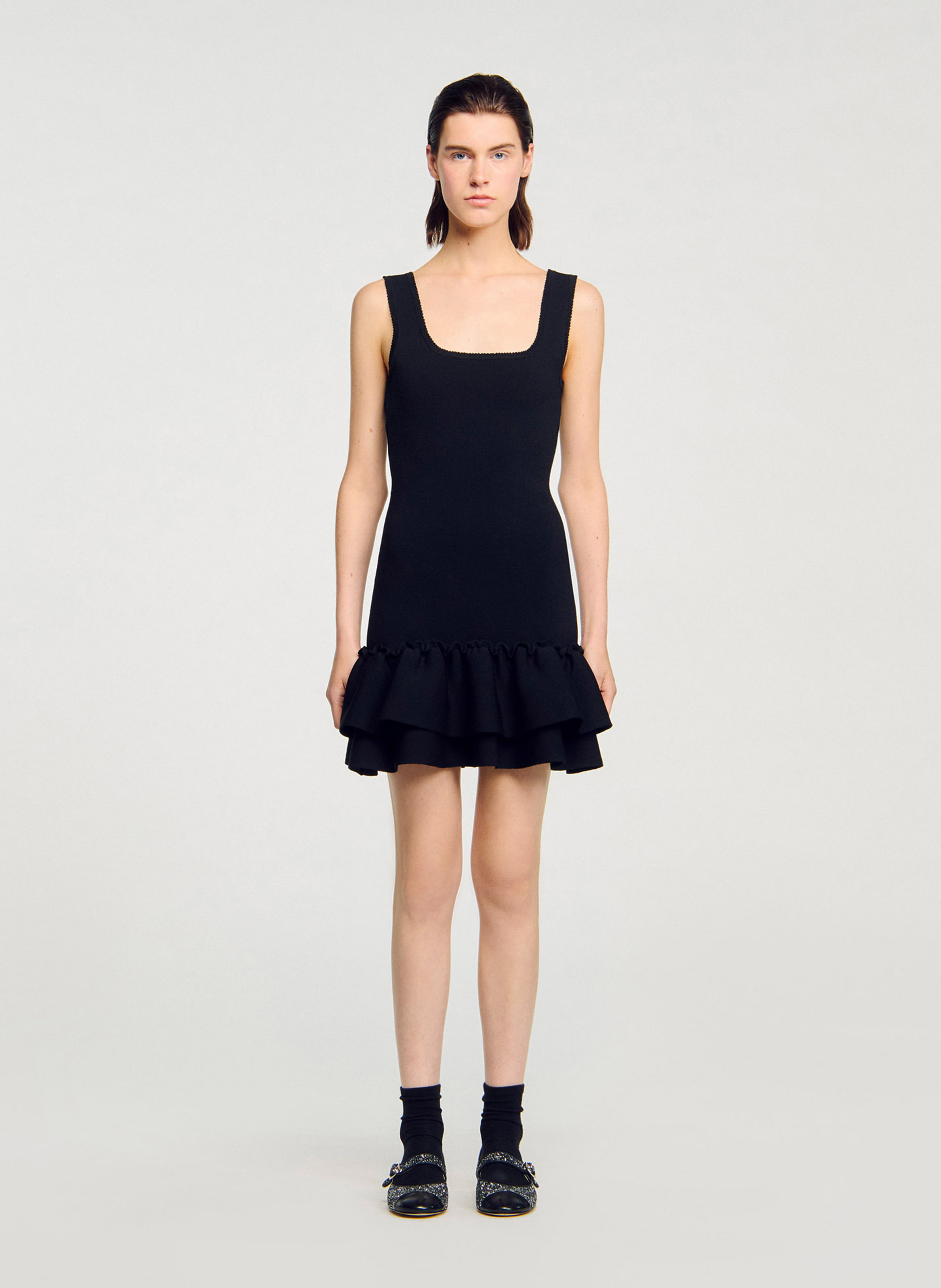 Robe courte volantée à bretelles SANDRO Noir